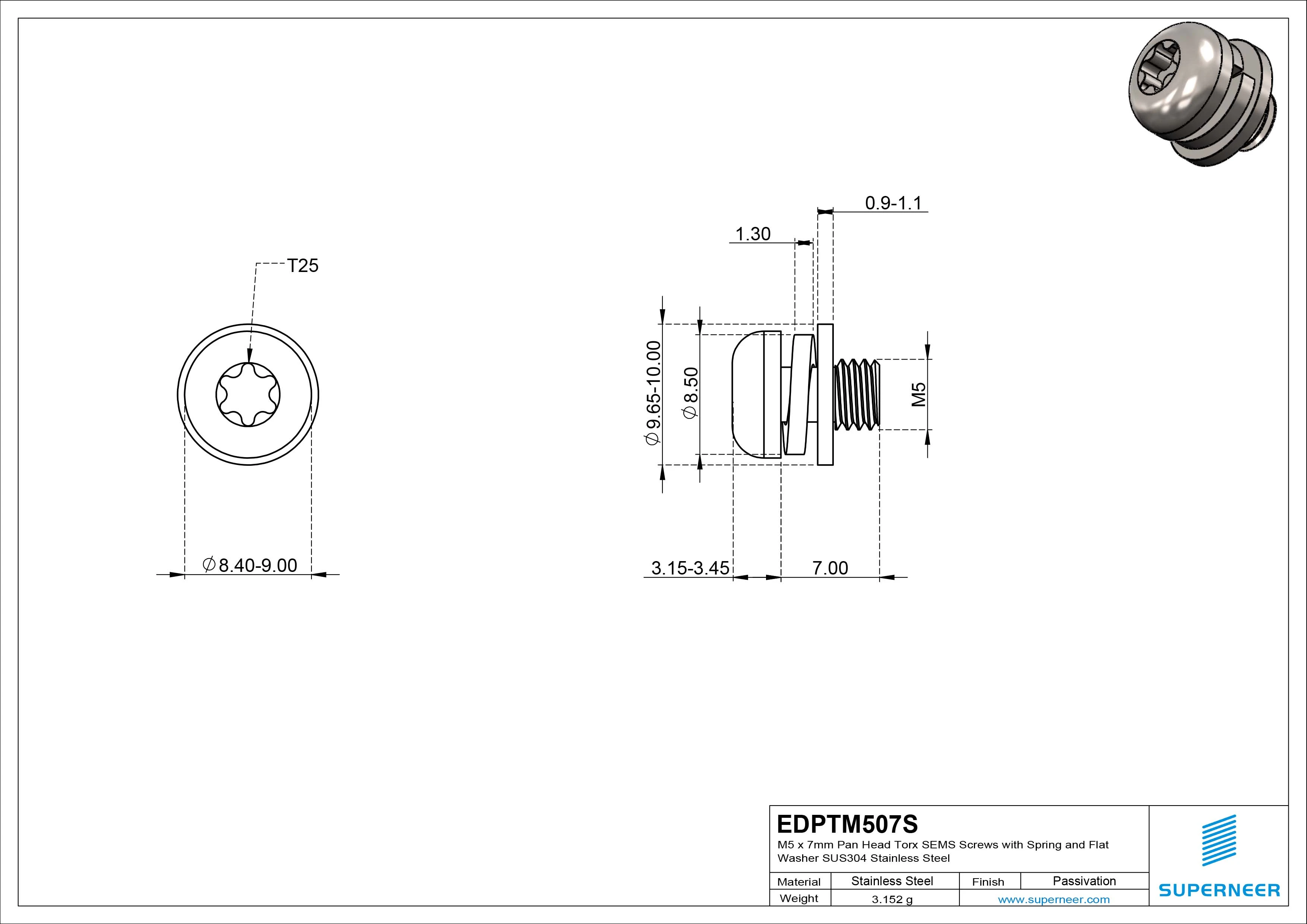 M5 x 7mm Pan Head Torx SEMS Screws with Spring and Flat Washer SUS304 Stainless Steel Inox