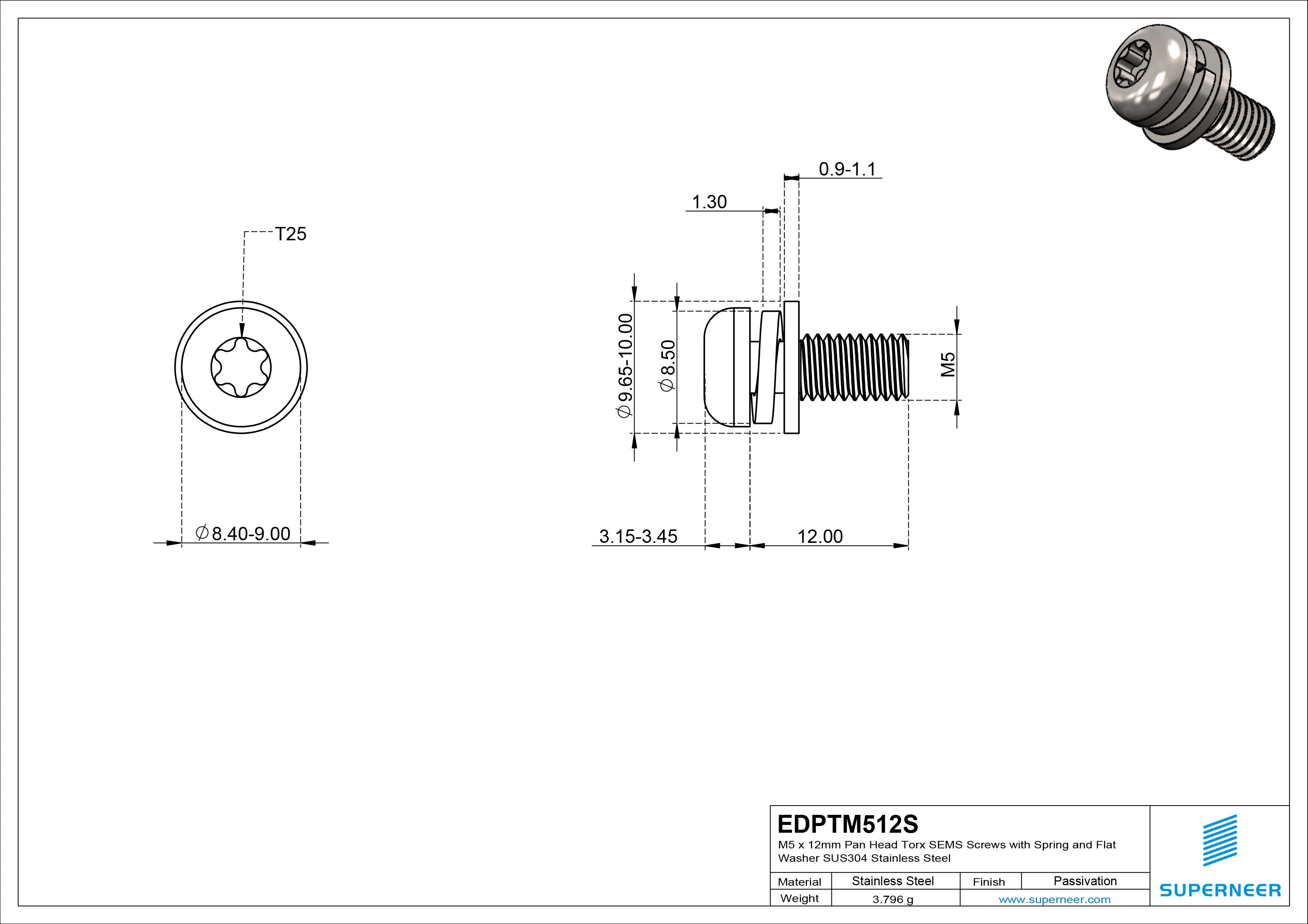 M5 x 12mm Pan Head Torx SEMS Screws with Spring and Flat Washer SUS304 Stainless Steel Inox