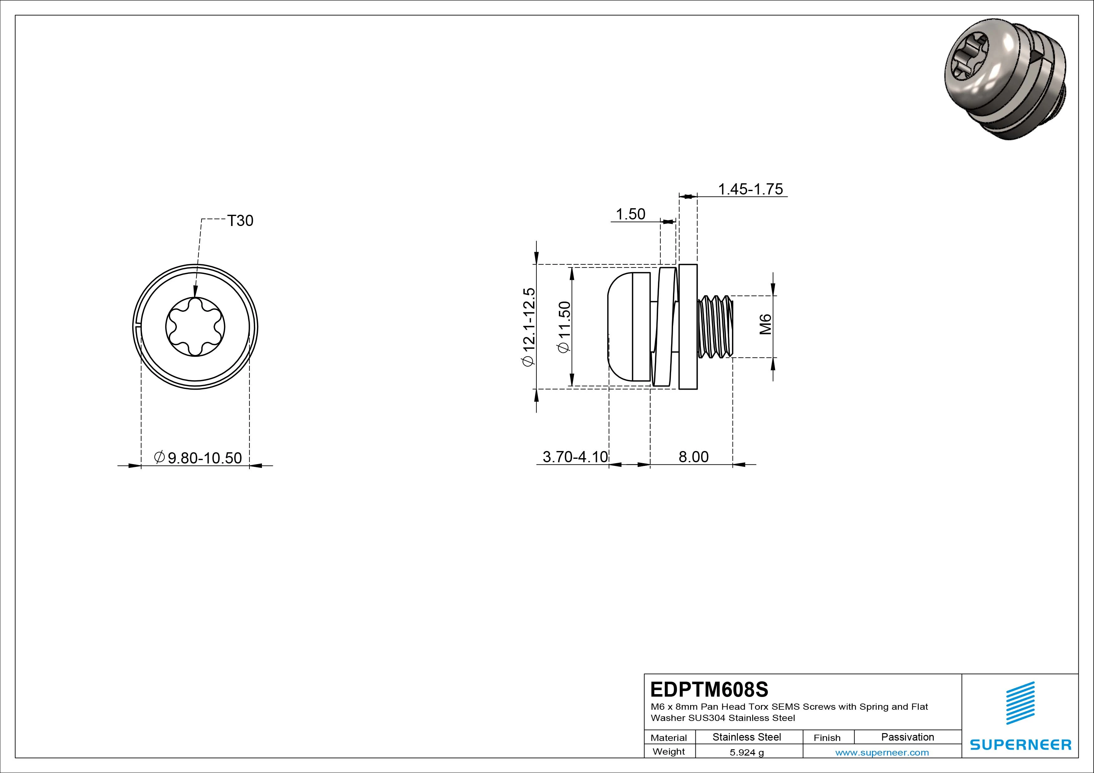 M6 x 8mm Pan Head Torx SEMS Screws with Spring and Flat Washer SUS304 Stainless Steel Inox