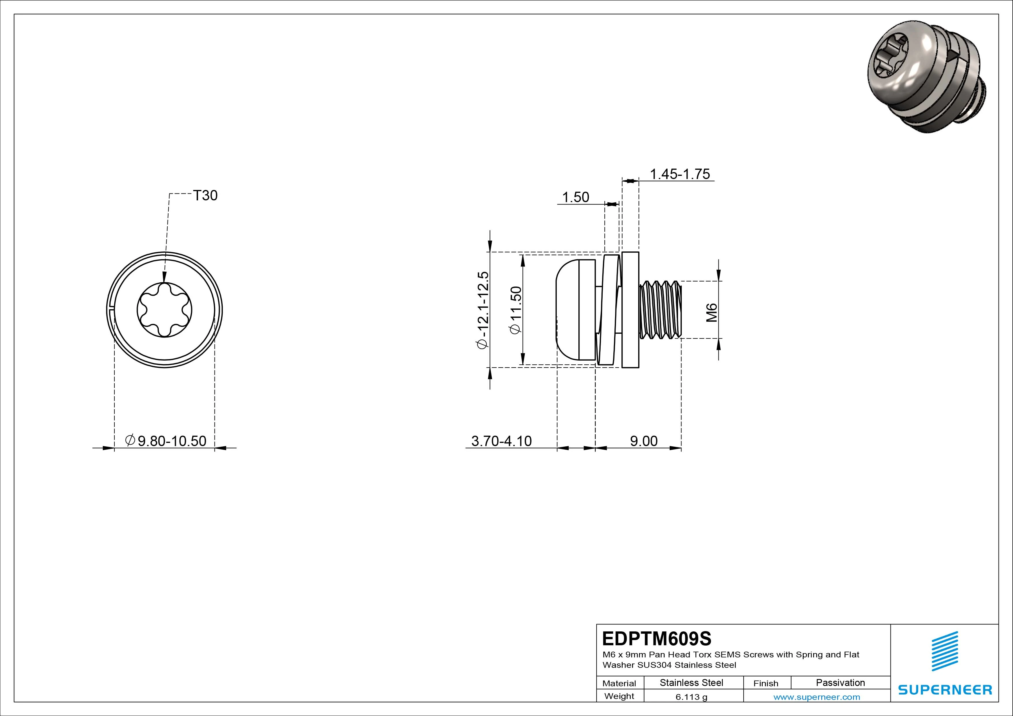 M6 x 9mm Pan Head Torx SEMS Screws with Spring and Flat Washer SUS304 Stainless Steel Inox