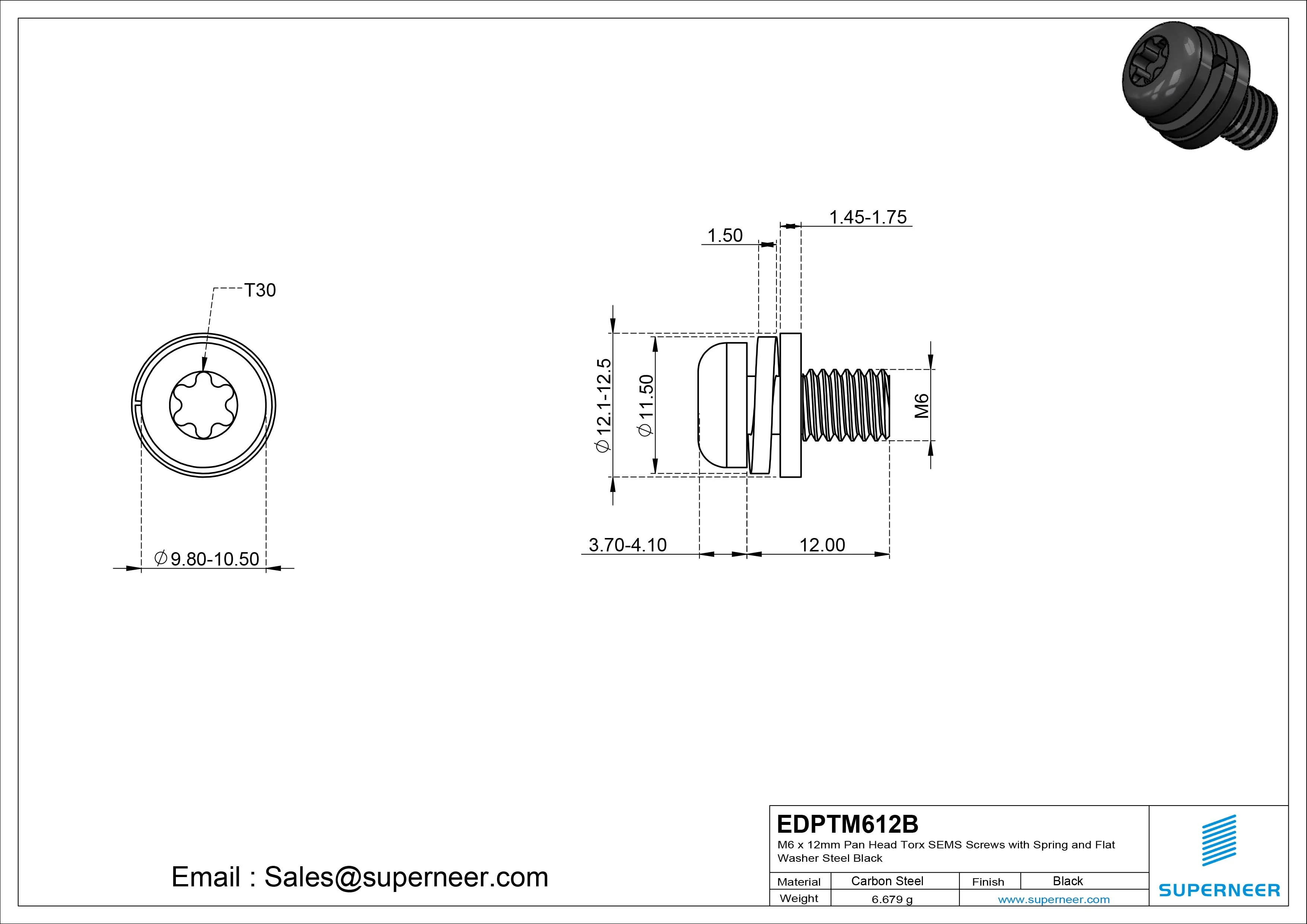 M6 x 12mm Pan Head Torx SEMS Screws with Spring and Flat Washer Steel Black