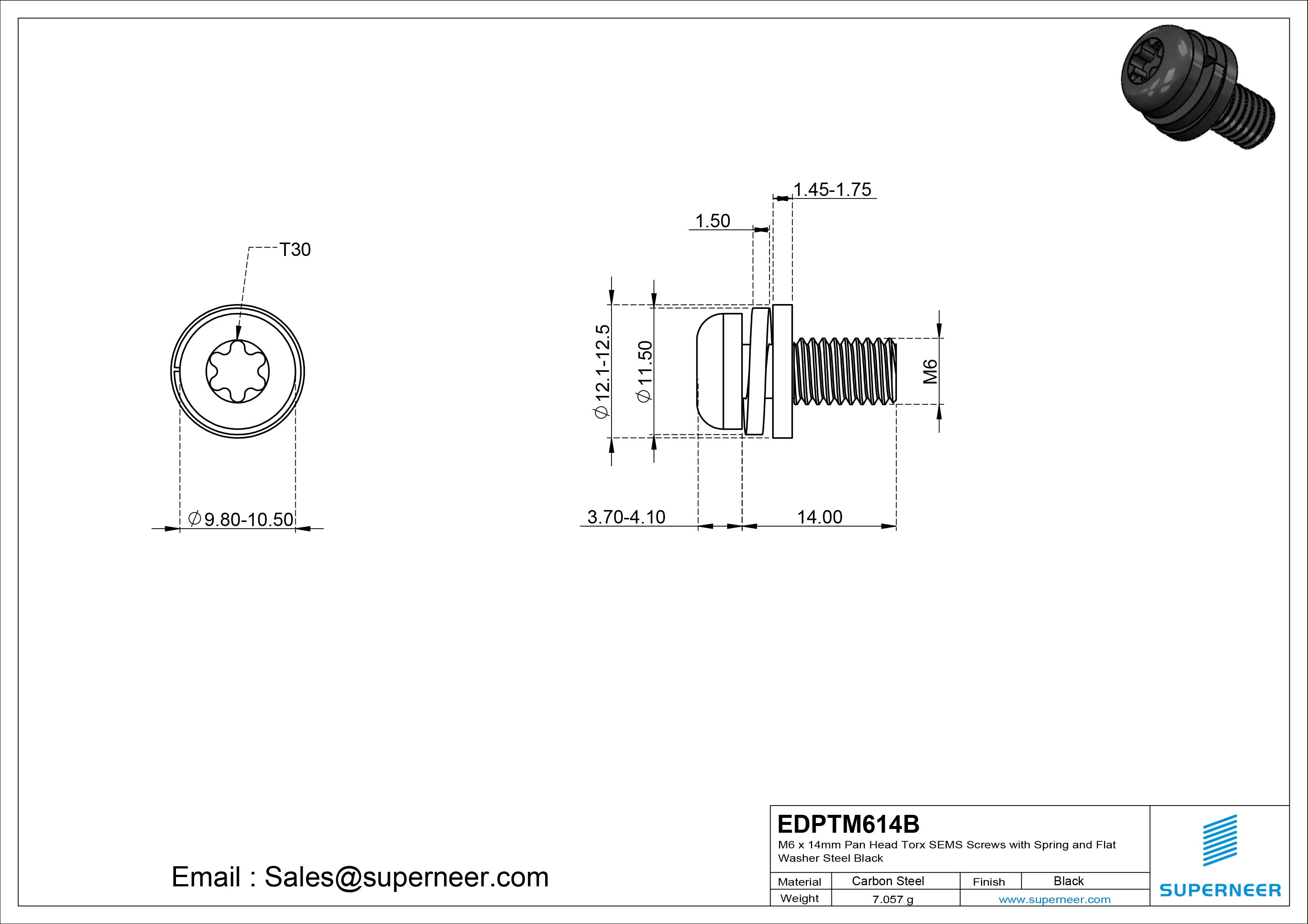 M6 x 14mm Pan Head Torx SEMS Screws with Spring and Flat Washer Steel Black
