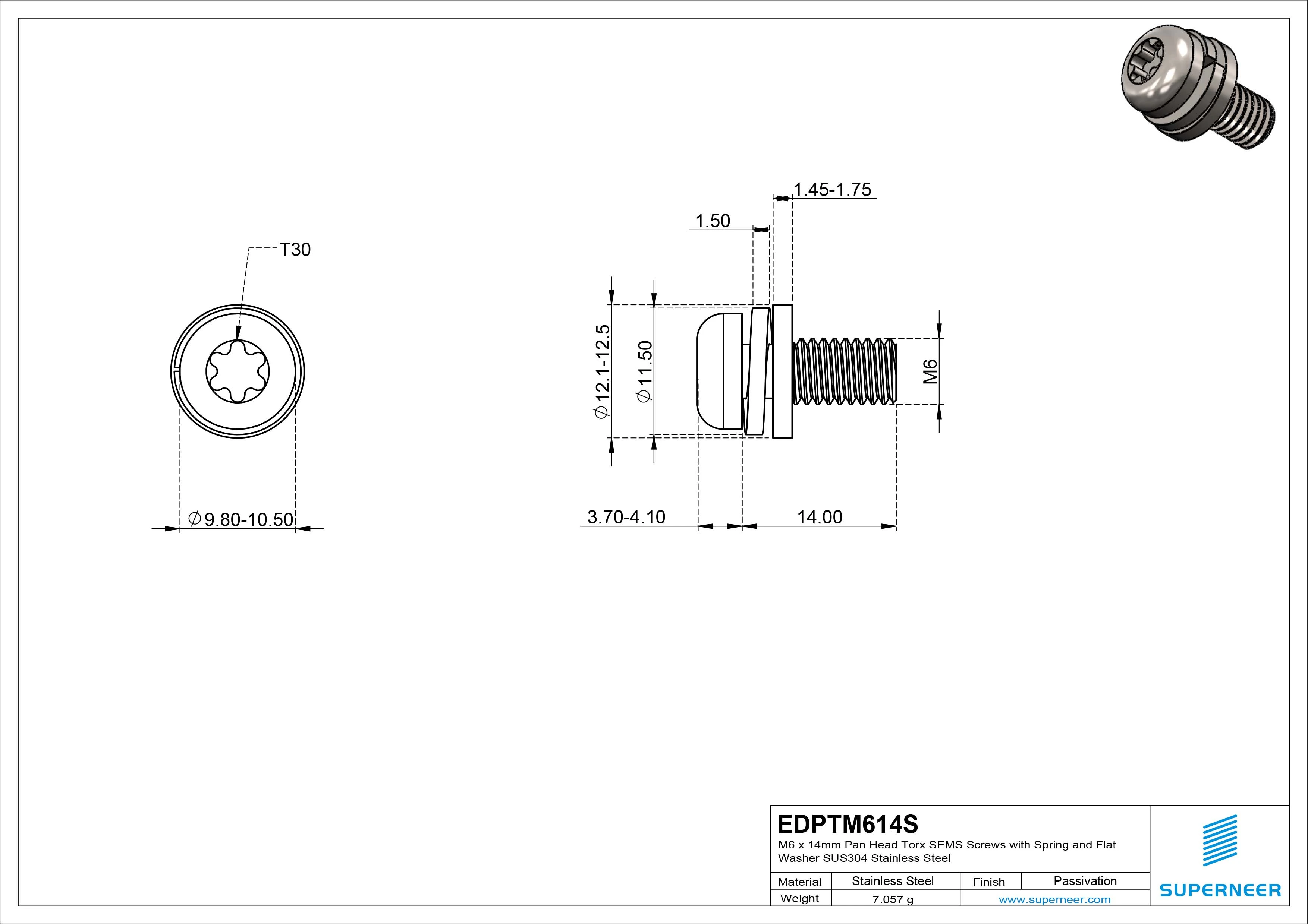 M6 x 14mm Pan Head Torx SEMS Screws with Spring and Flat Washer SUS304 Stainless Steel Inox