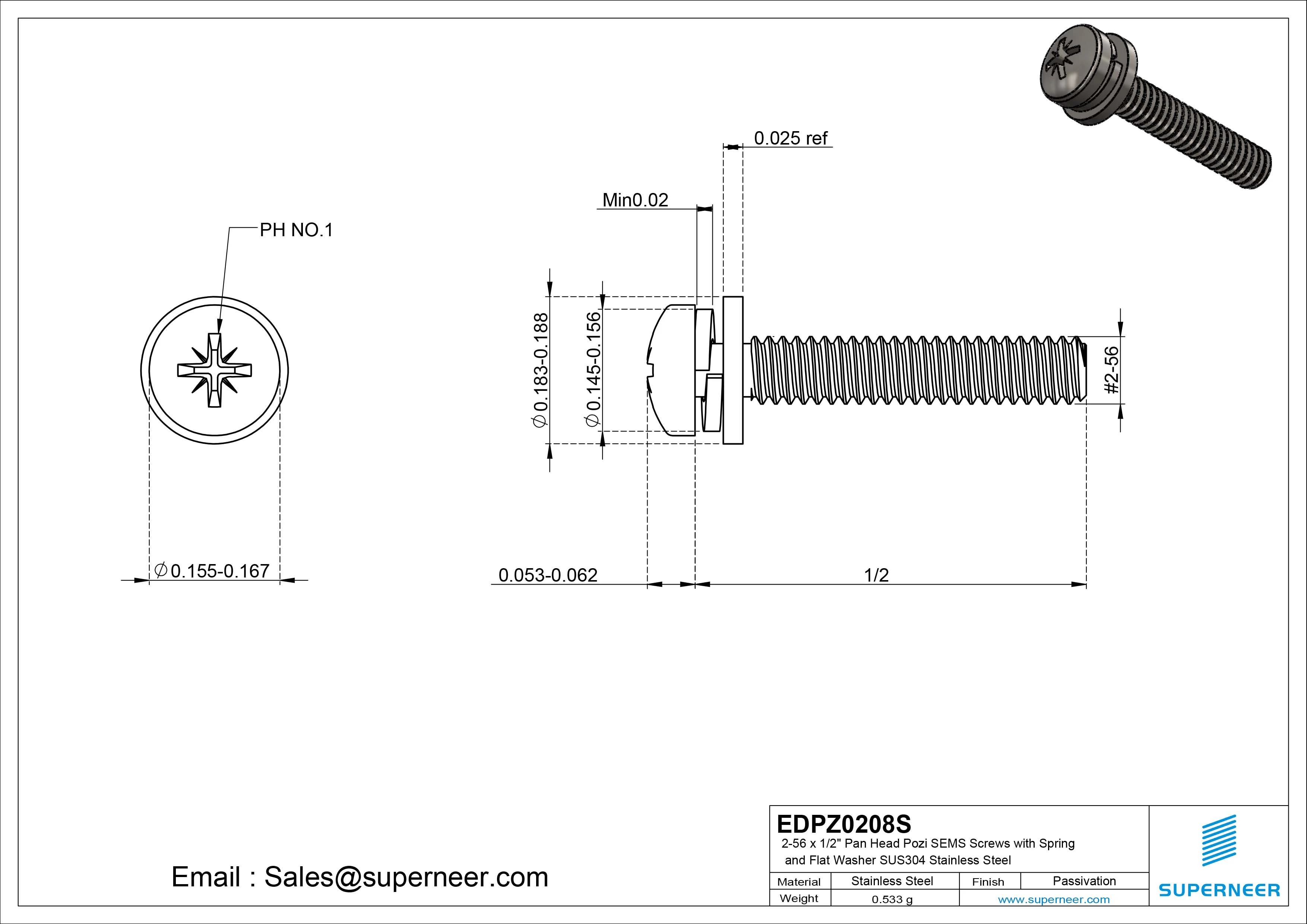 2-56 x 1/2" Pan Head Pozi SEMS Screws with Spring and Flat Washer SUS304 Stainless Steel Inox