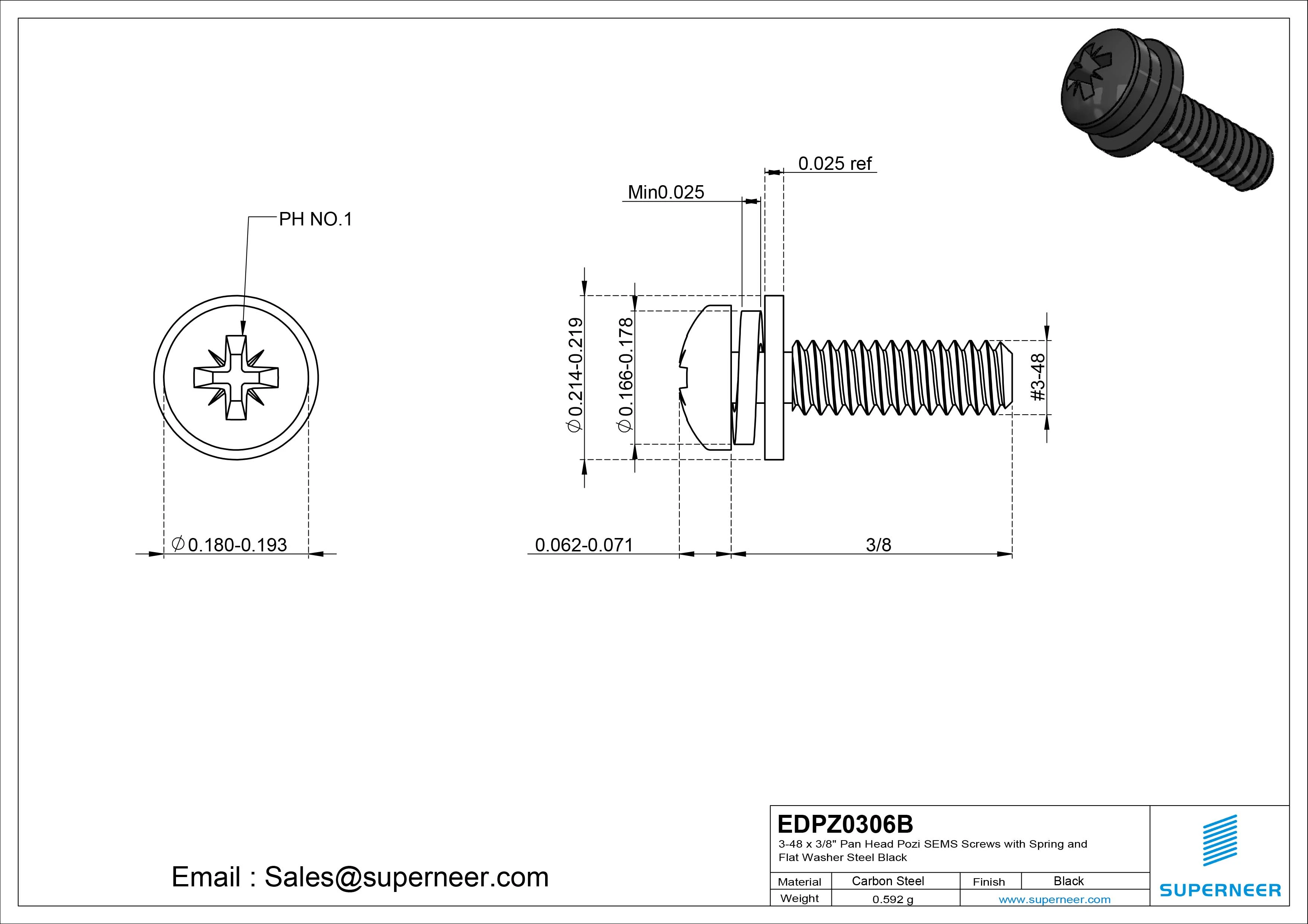 3-48 x 3/8" Pan Head Pozi SEMS Screws with Spring and Flat Washer Steel Black