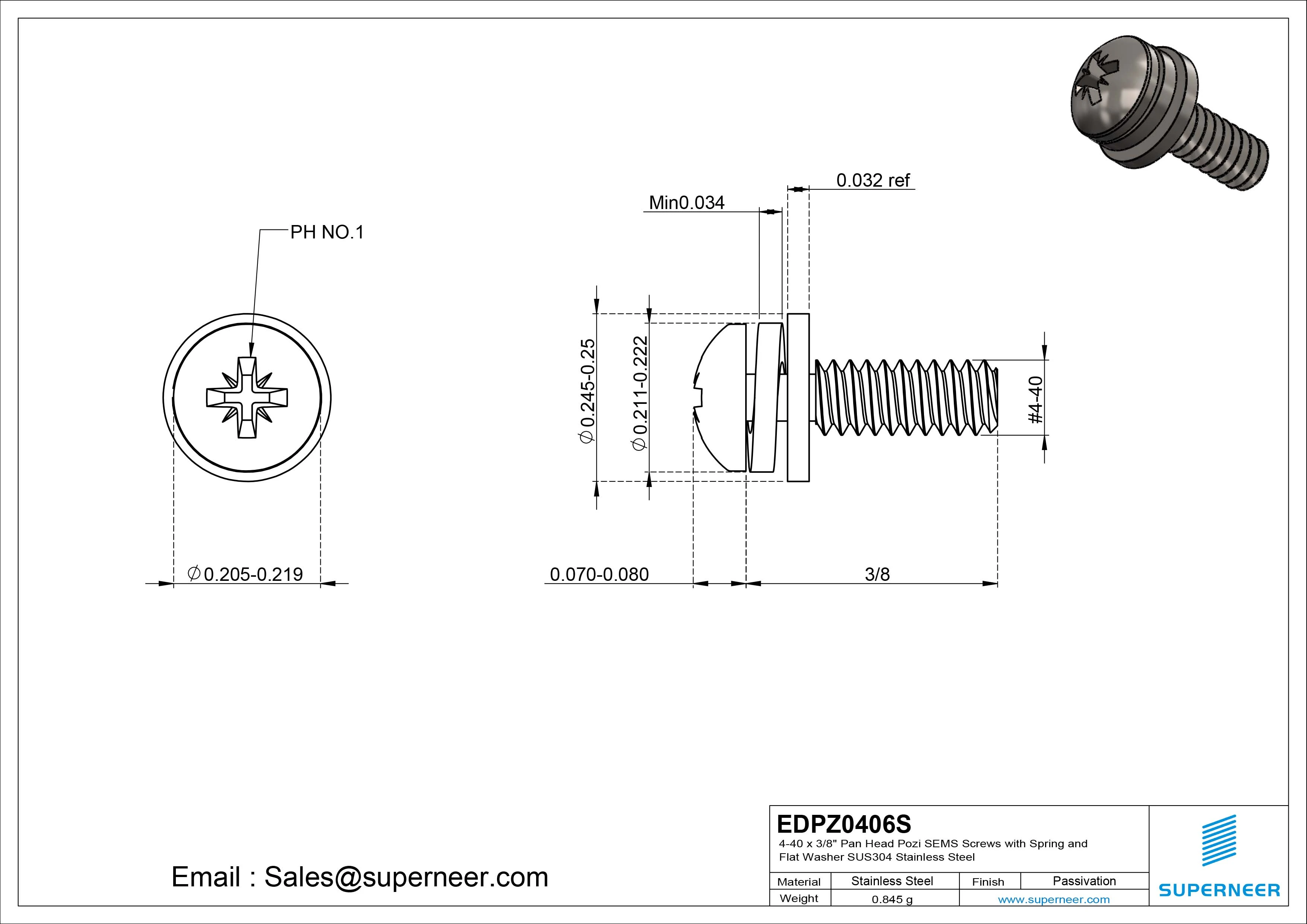 4-40 x 3/8" Pan Head Pozi SEMS Screws with Spring and Flat Washer SUS304 Stainless Steel Inox