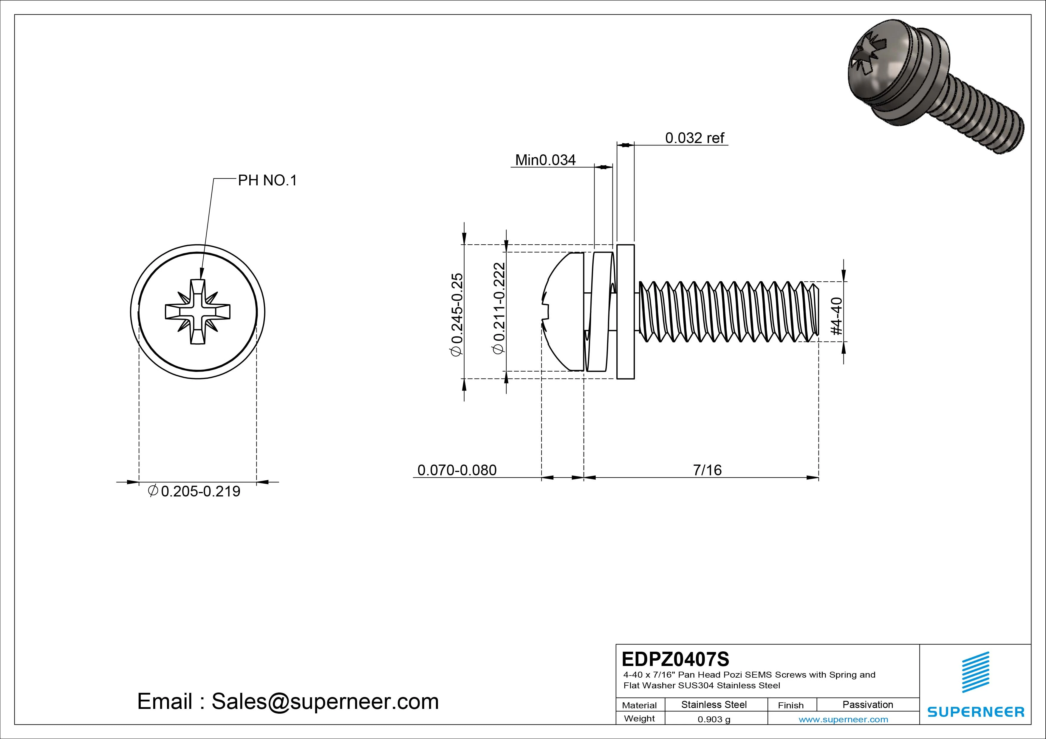 4-40 x 7/16" Pan Head Pozi SEMS Screws with Spring and Flat Washer SUS304 Stainless Steel Inox