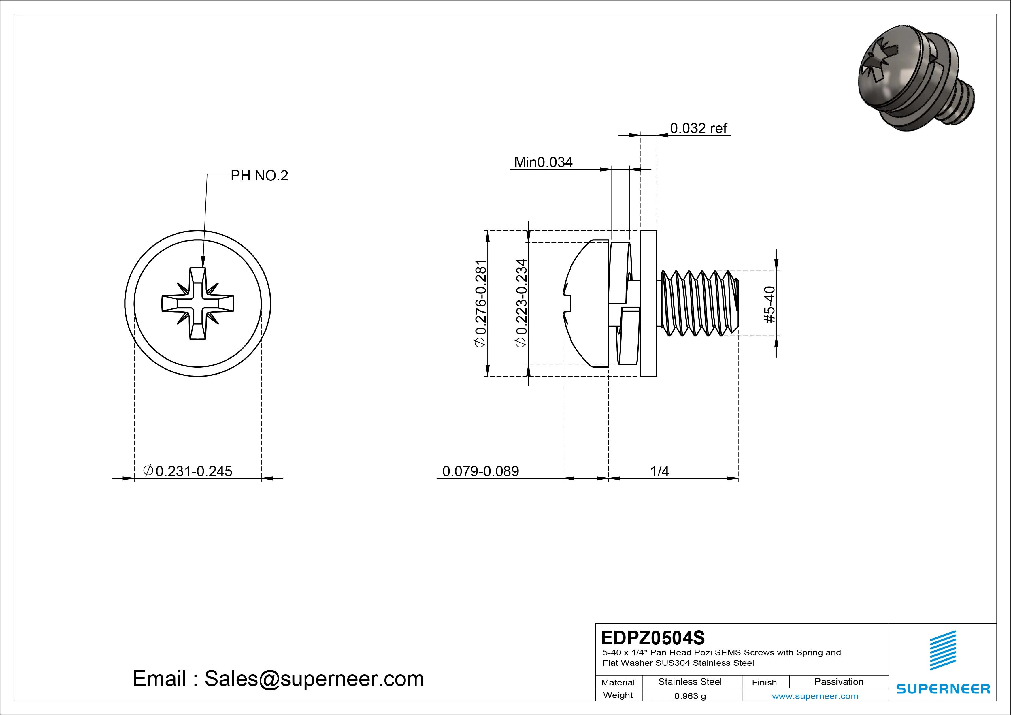 5-40 x 1/4" Pan Head Pozi SEMS Screws with Spring and Flat Washer SUS304 Stainless Steel Inox