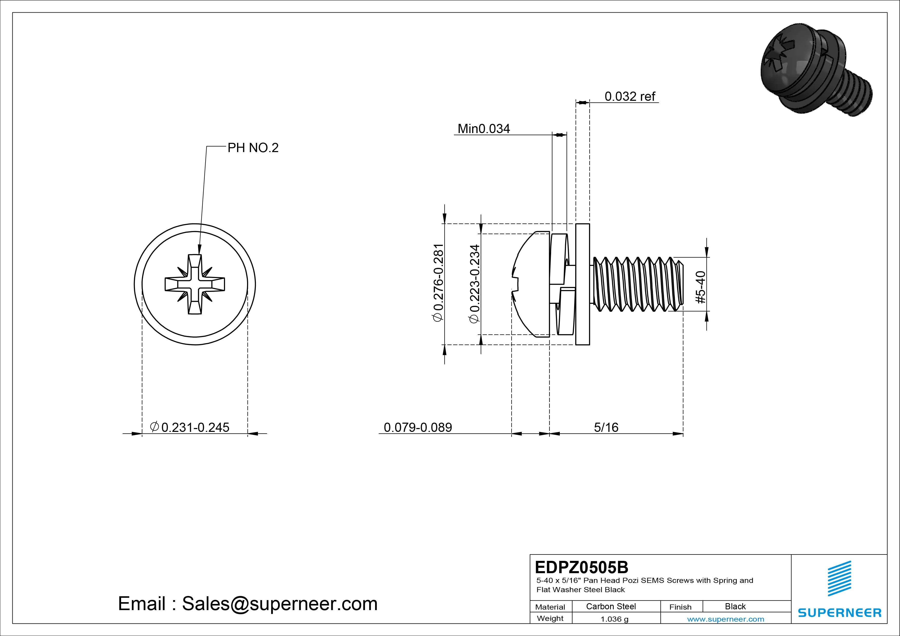 5-40 x 5/16" Pan Head Pozi SEMS Screws with Spring and Flat Washer Steel Black