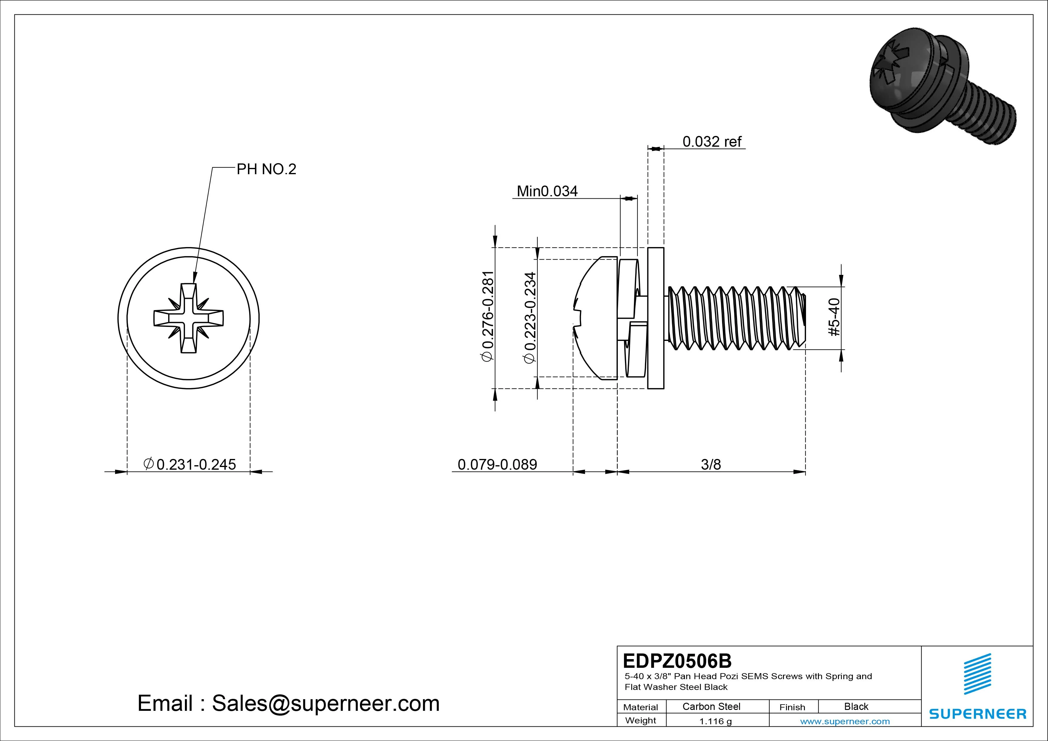5-40 x 3/8" Pan Head Pozi SEMS Screws with Spring and Flat Washer Steel Black