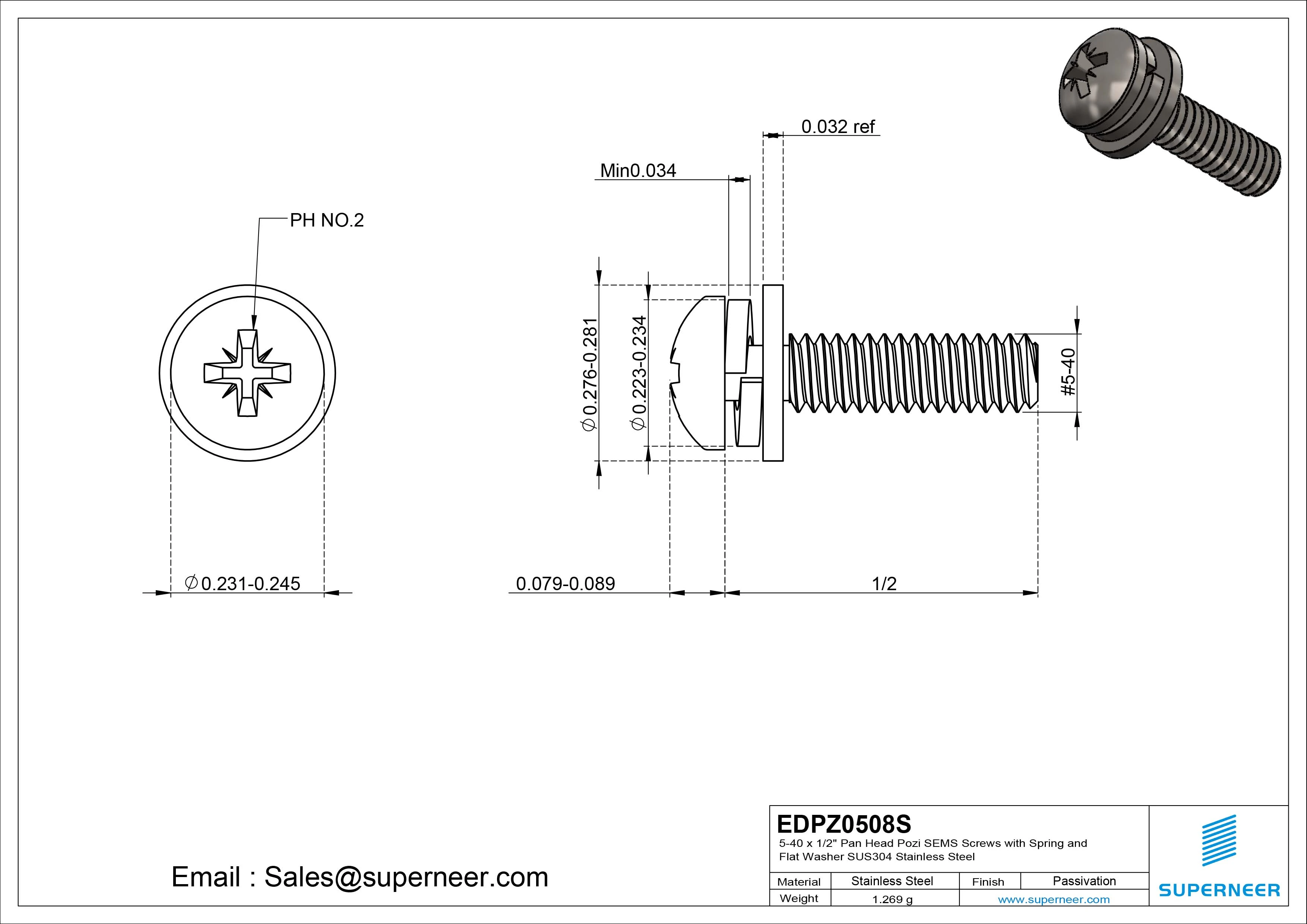 5-40 x 1/2" Pan Head Pozi SEMS Screws with Spring and Flat Washer SUS304 Stainless Steel Inox