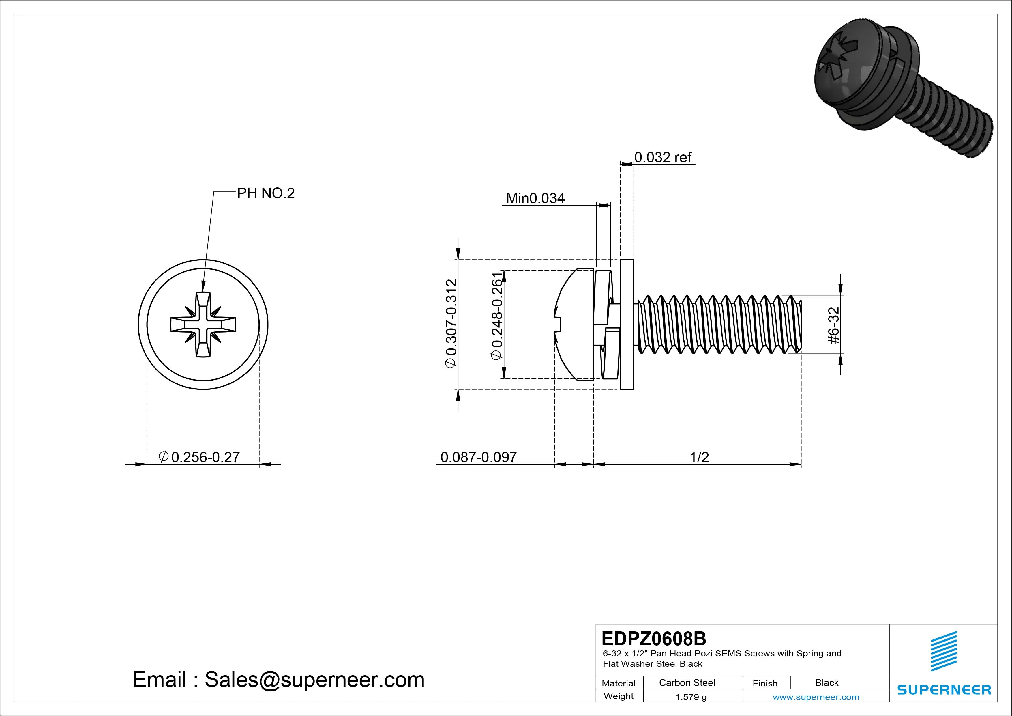 6-32 x 1/2" Pan Head Pozi SEMS Screws with Spring and Flat Washer Steel Black