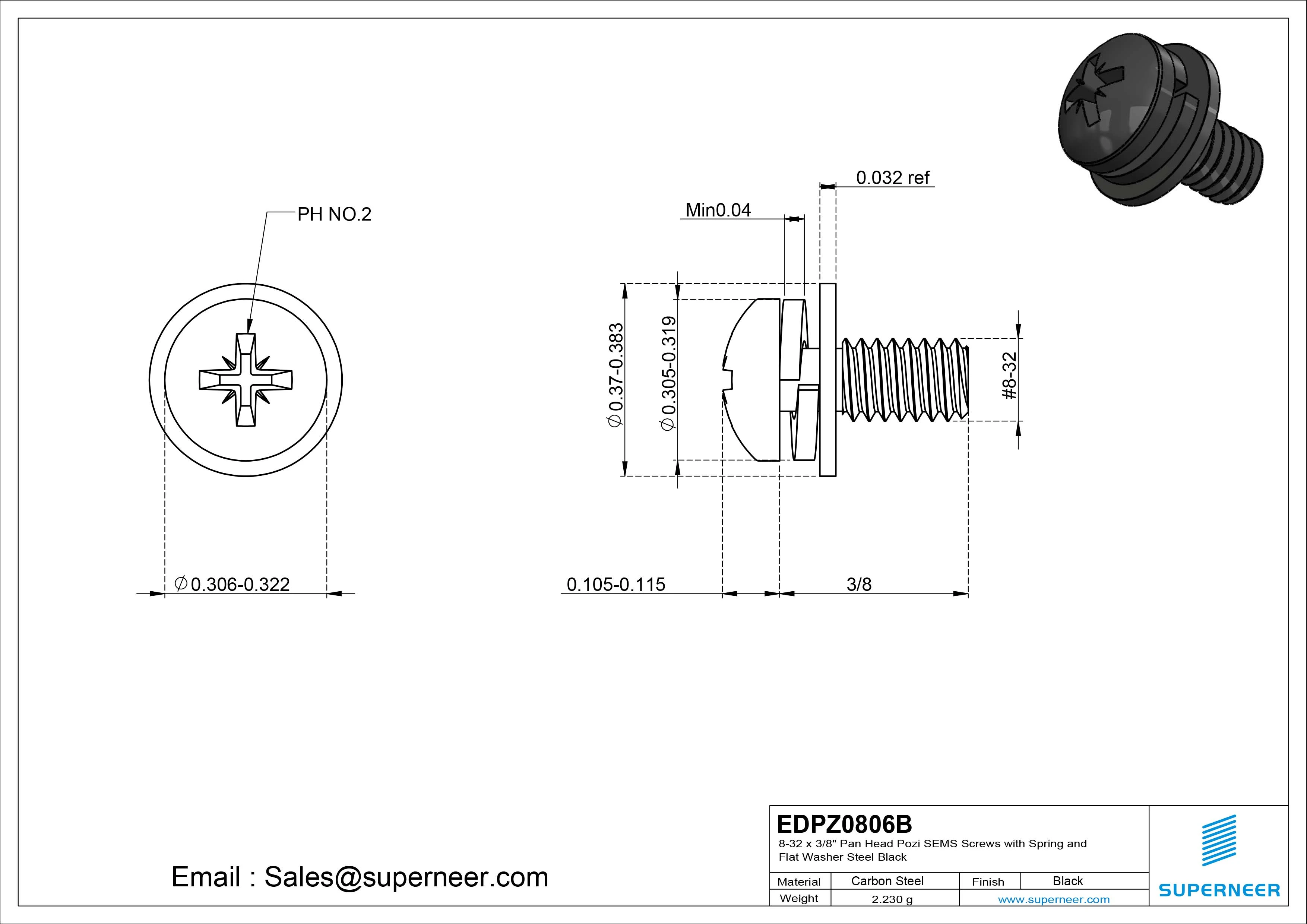 8-32 x 3/8" Pan Head Pozi SEMS Screws with Spring and Flat Washer Steel Black