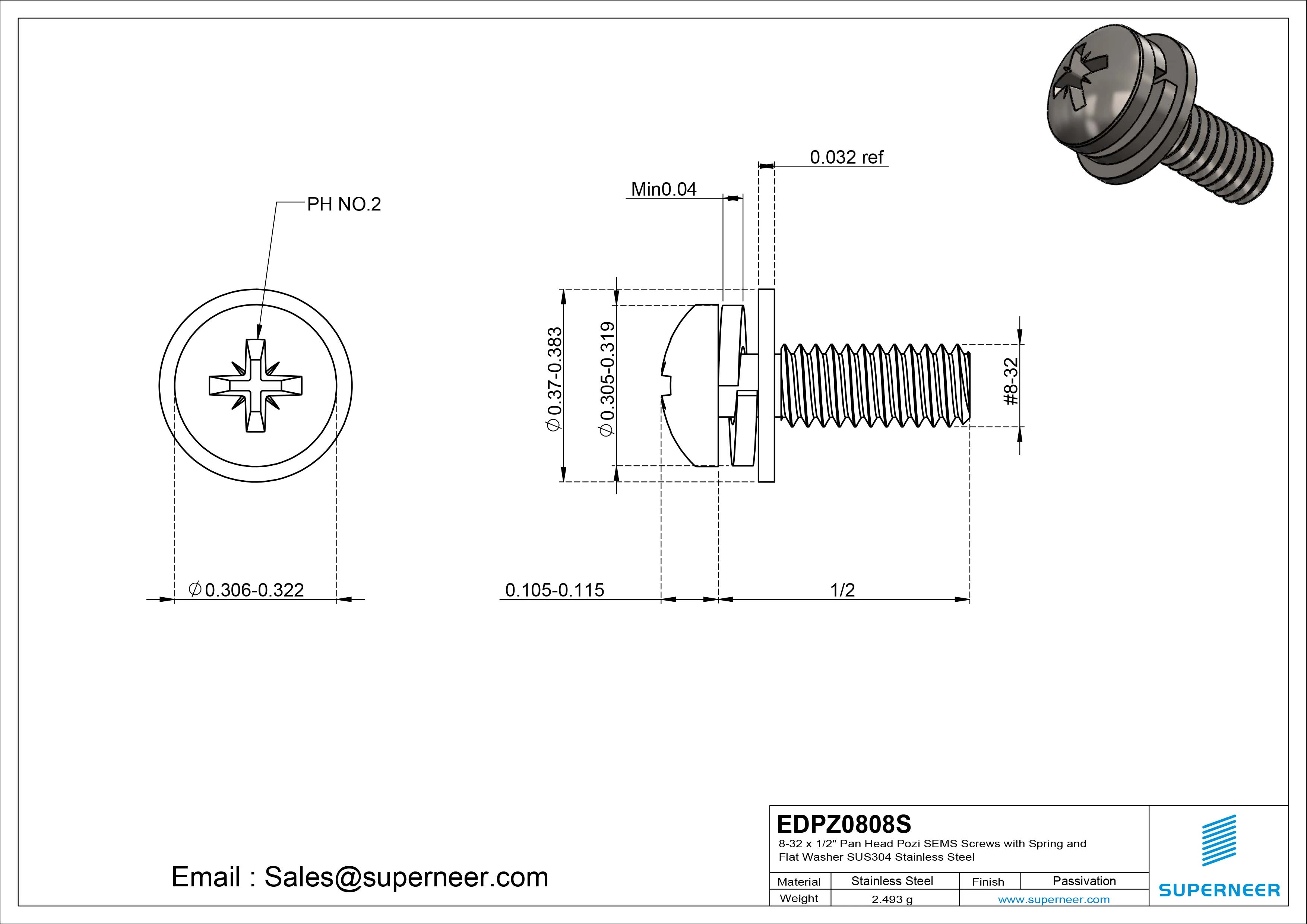 8-32 x 1/2" Pan Head Pozi SEMS Screws with Spring and Flat Washer SUS304 Stainless Steel Inox