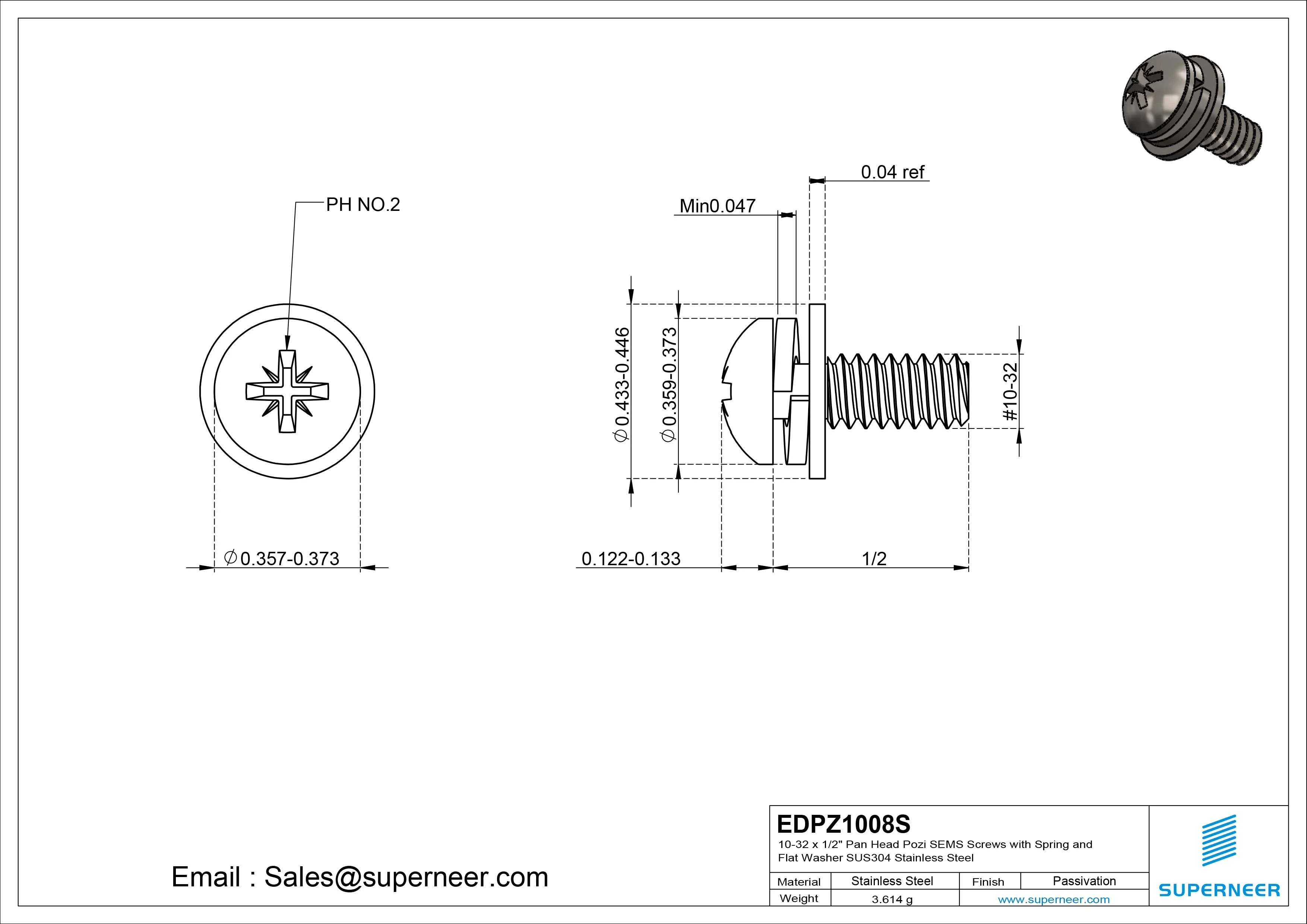 10-32 x 1/2" Pan Head Pozi SEMS Screws with Spring and Flat Washer SUS304 Stainless Steel Inox