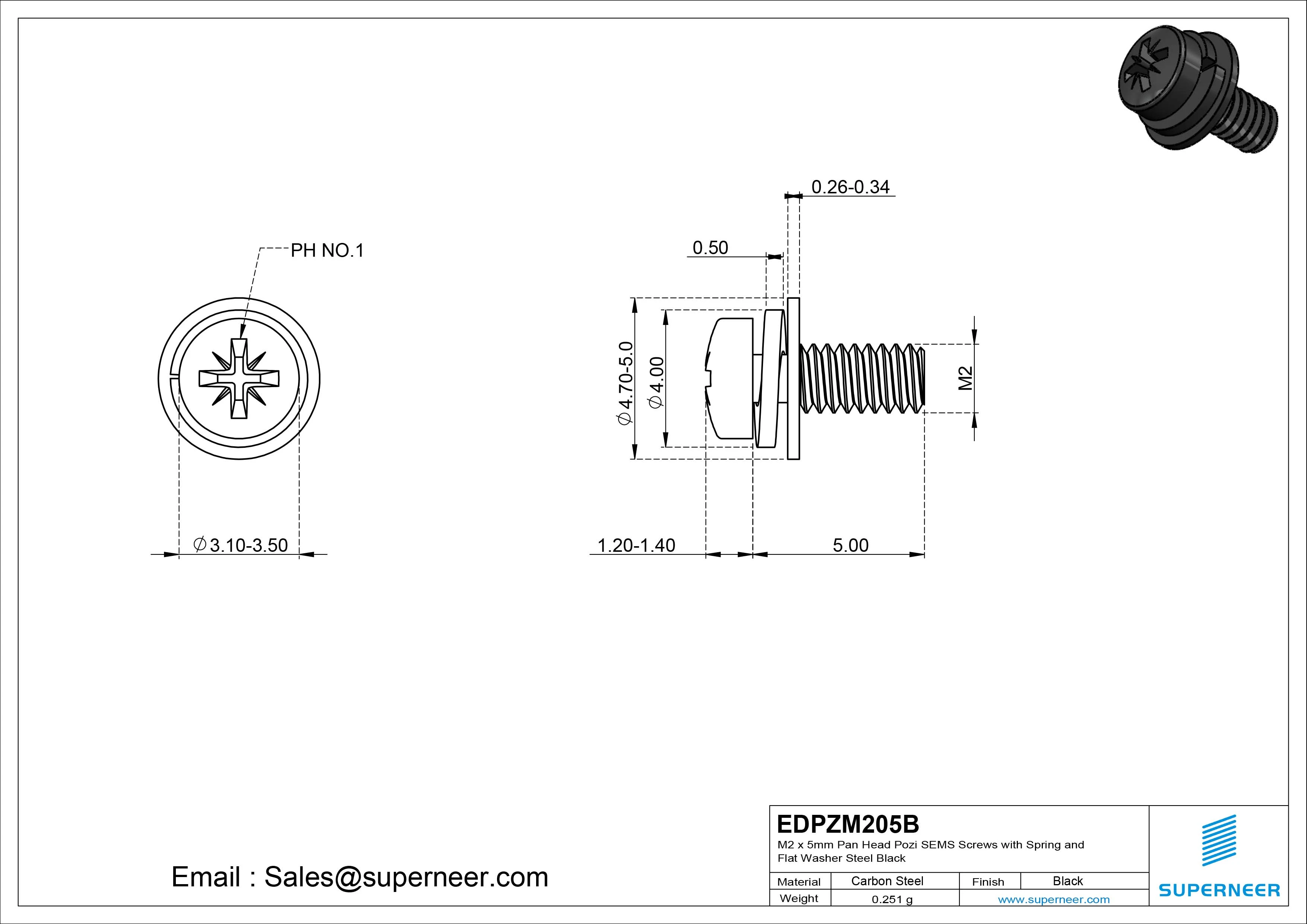 M2 x 5mm Pan Head Pozi SEMS Screws with Spring and Flat Washer Steel Black