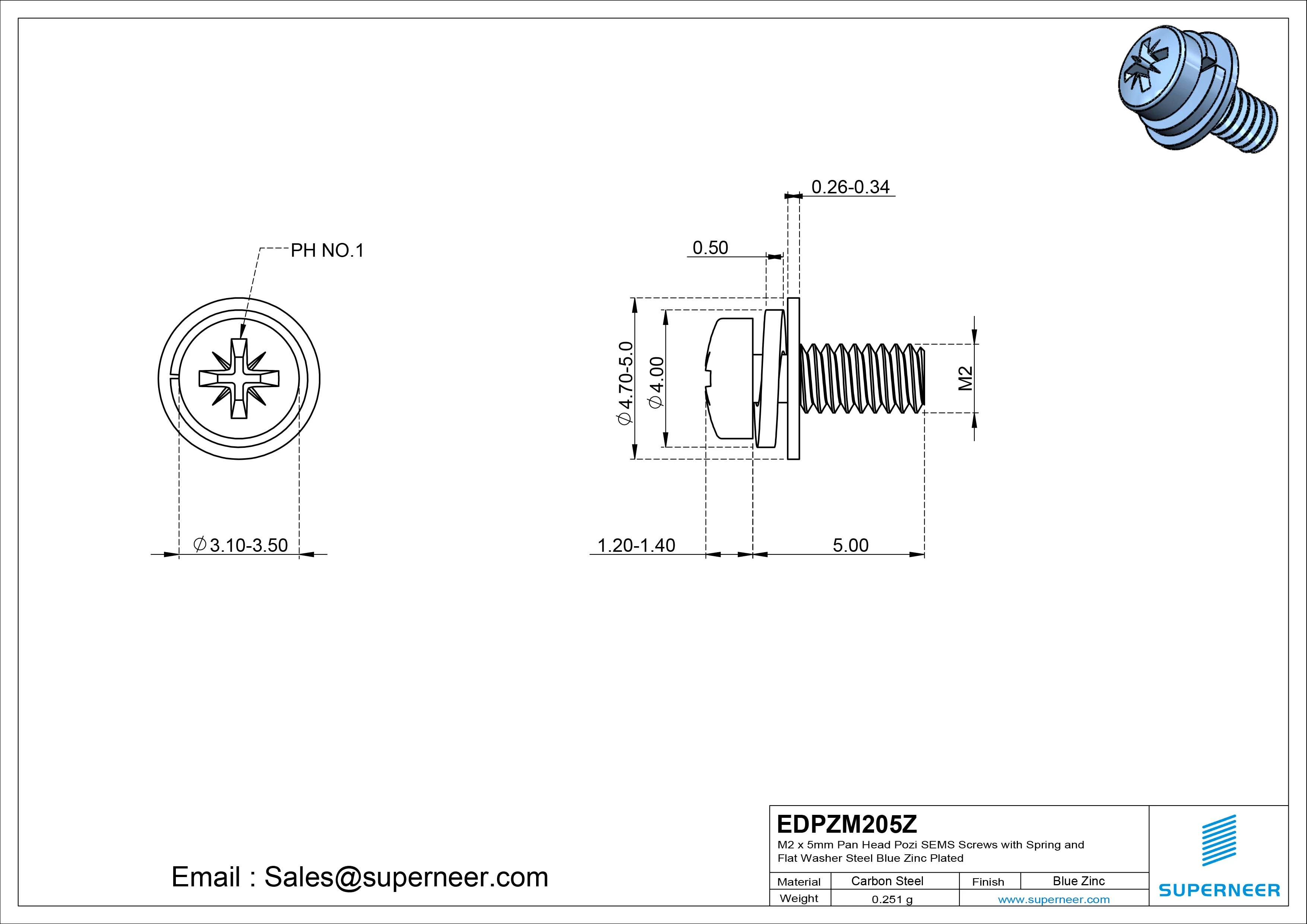 M2 x 5mm Pan Head Pozi SEMS Screws with Spring and Flat Washer Steel Blue Zinc Plated