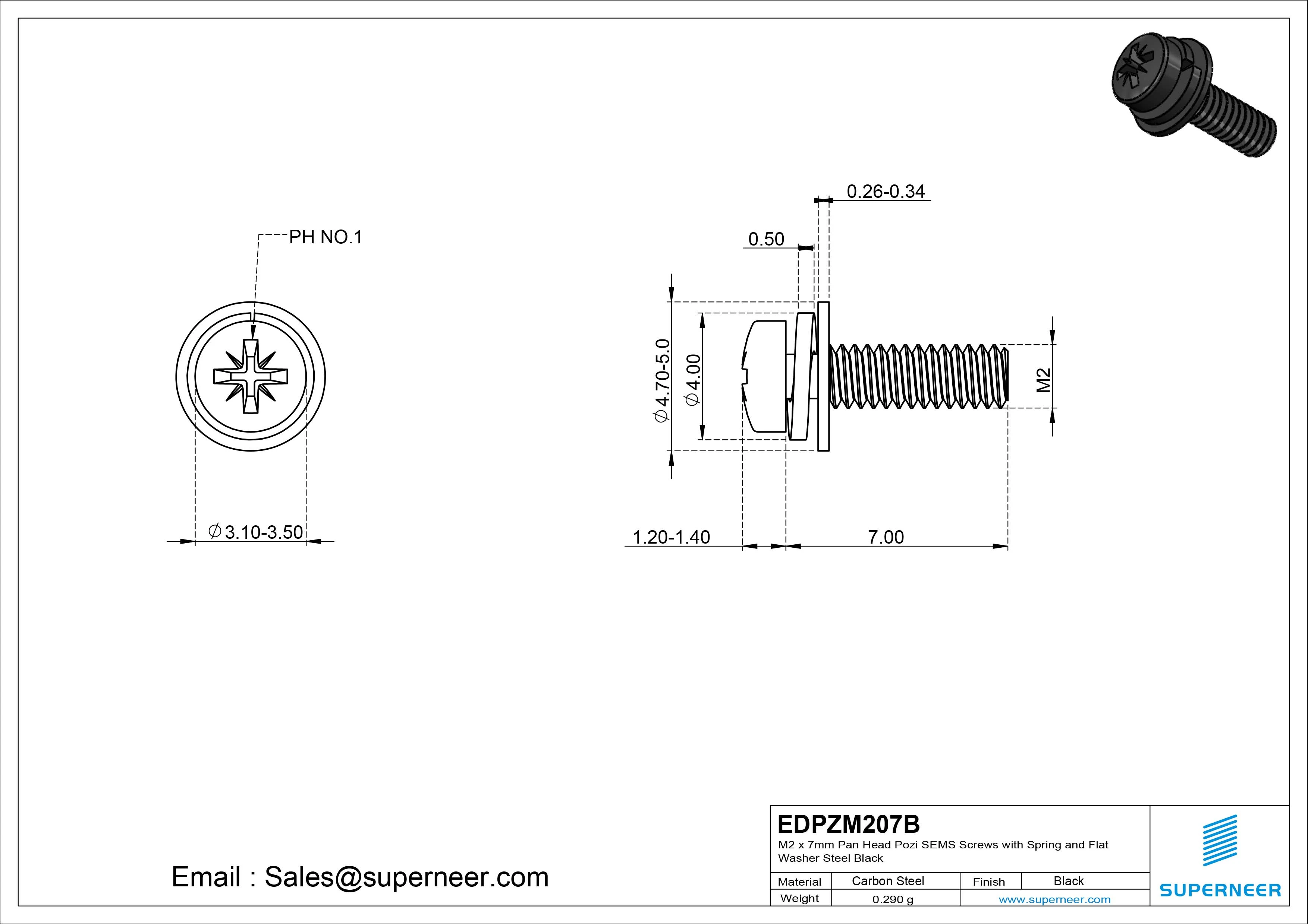 M2 x 7mm Pan Head Pozi SEMS Screws with Spring and Flat Washer Steel Black
