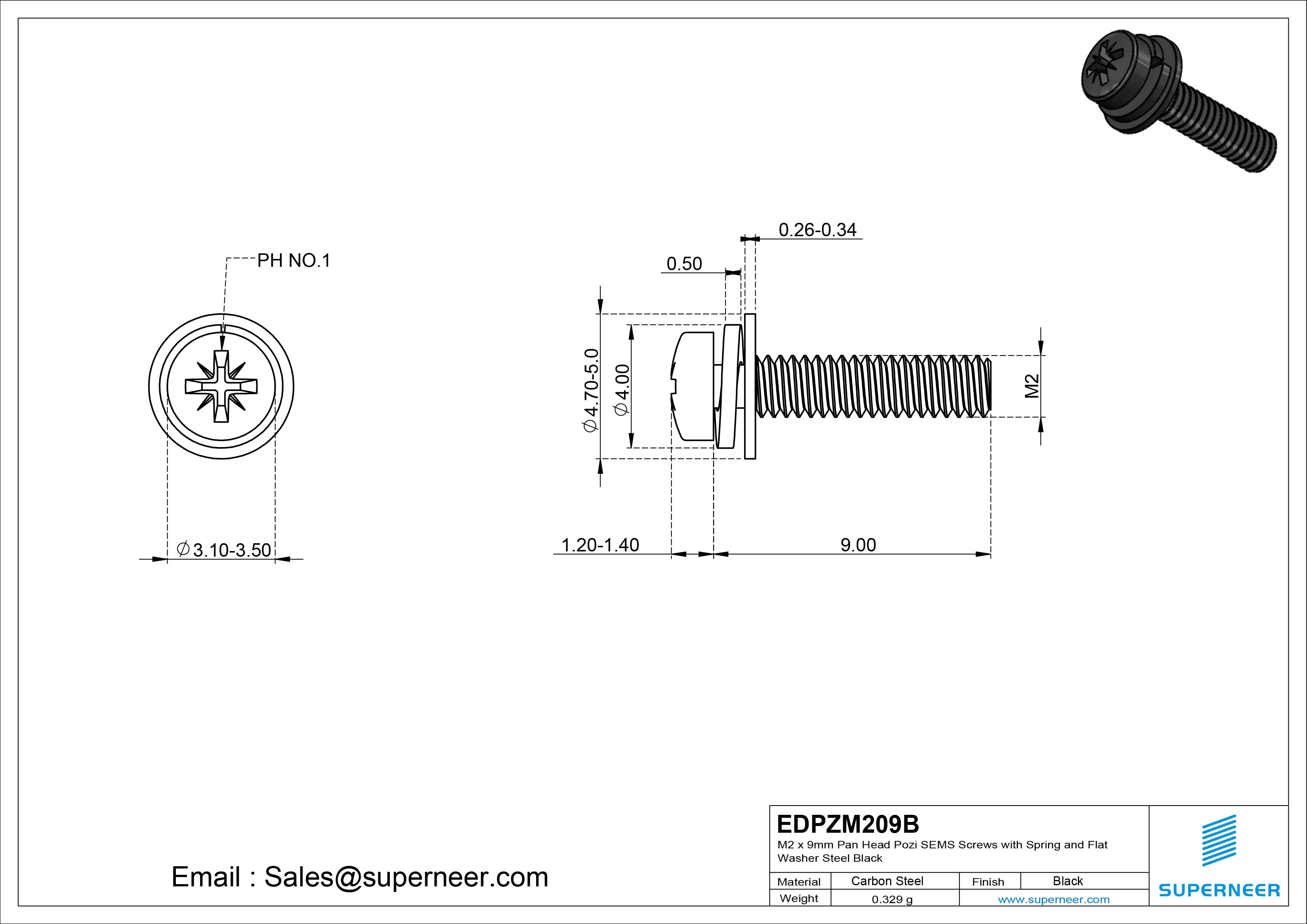 M2 x 9mm Pan Head Pozi SEMS Screws with Spring and Flat Washer Steel Black