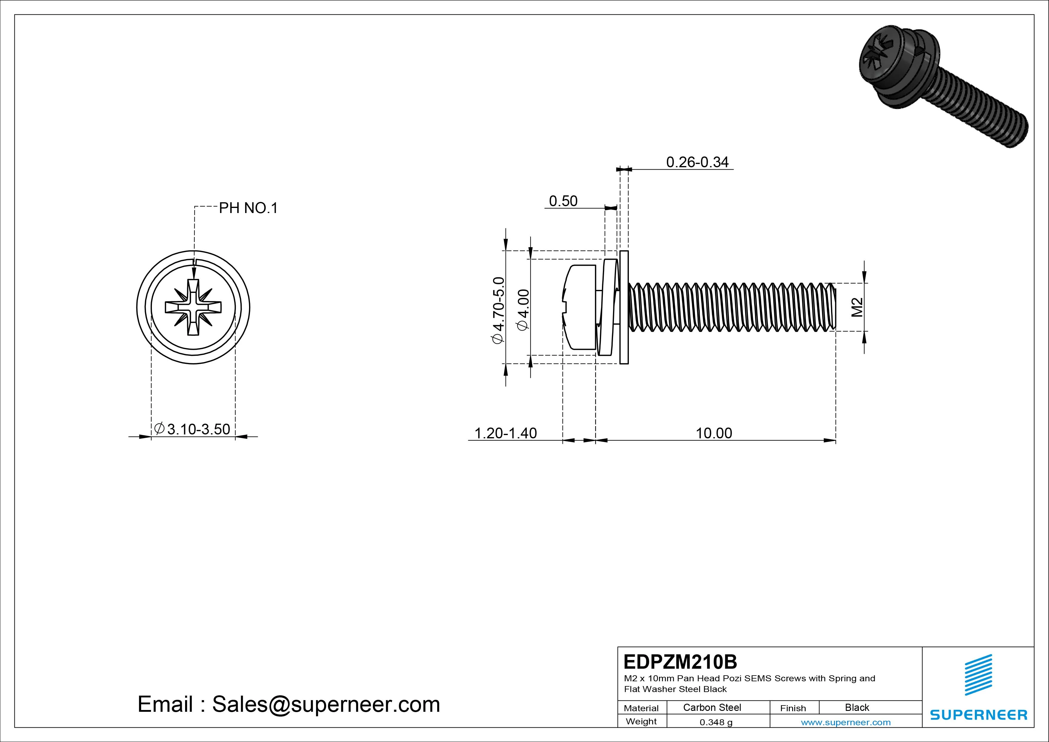M2 x 10mm Pan Head Pozi SEMS Screws with Spring and Flat Washer Steel Black