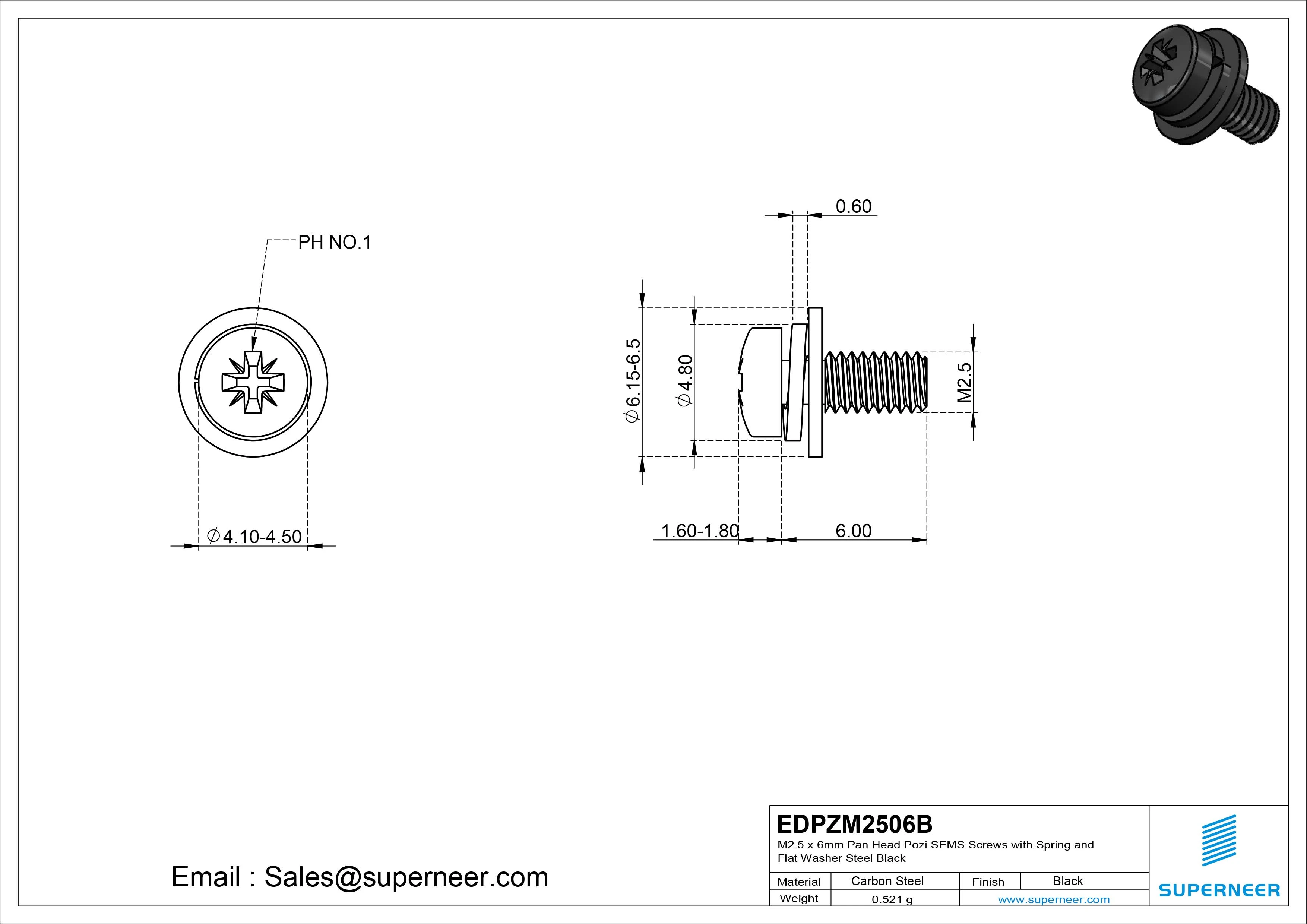 M2.5 x 6mm Pan Head Pozi SEMS Screws with Spring and Flat Washer Steel Black
