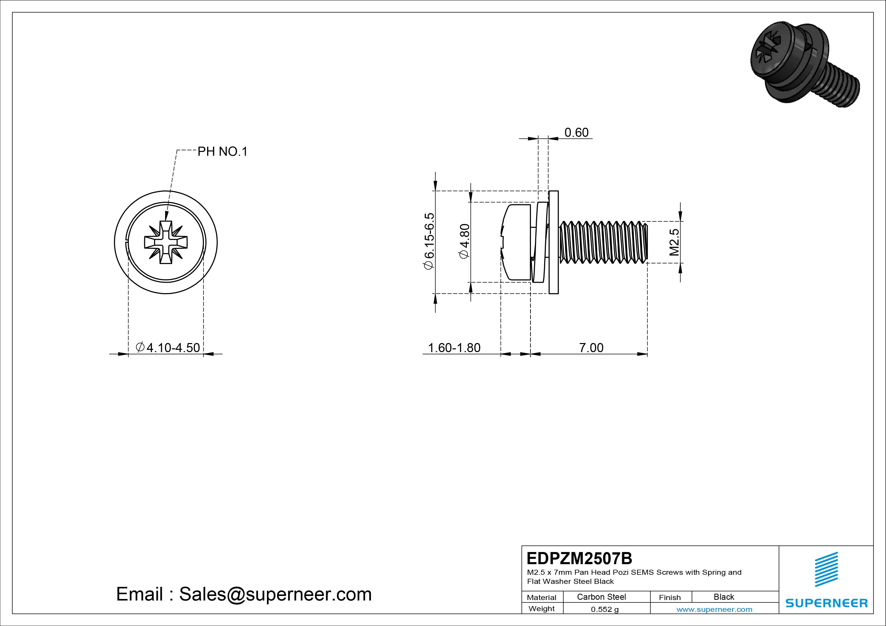 M2.5 x 7mm Pan Head Pozi SEMS Screws with Spring and Flat Washer Steel Black