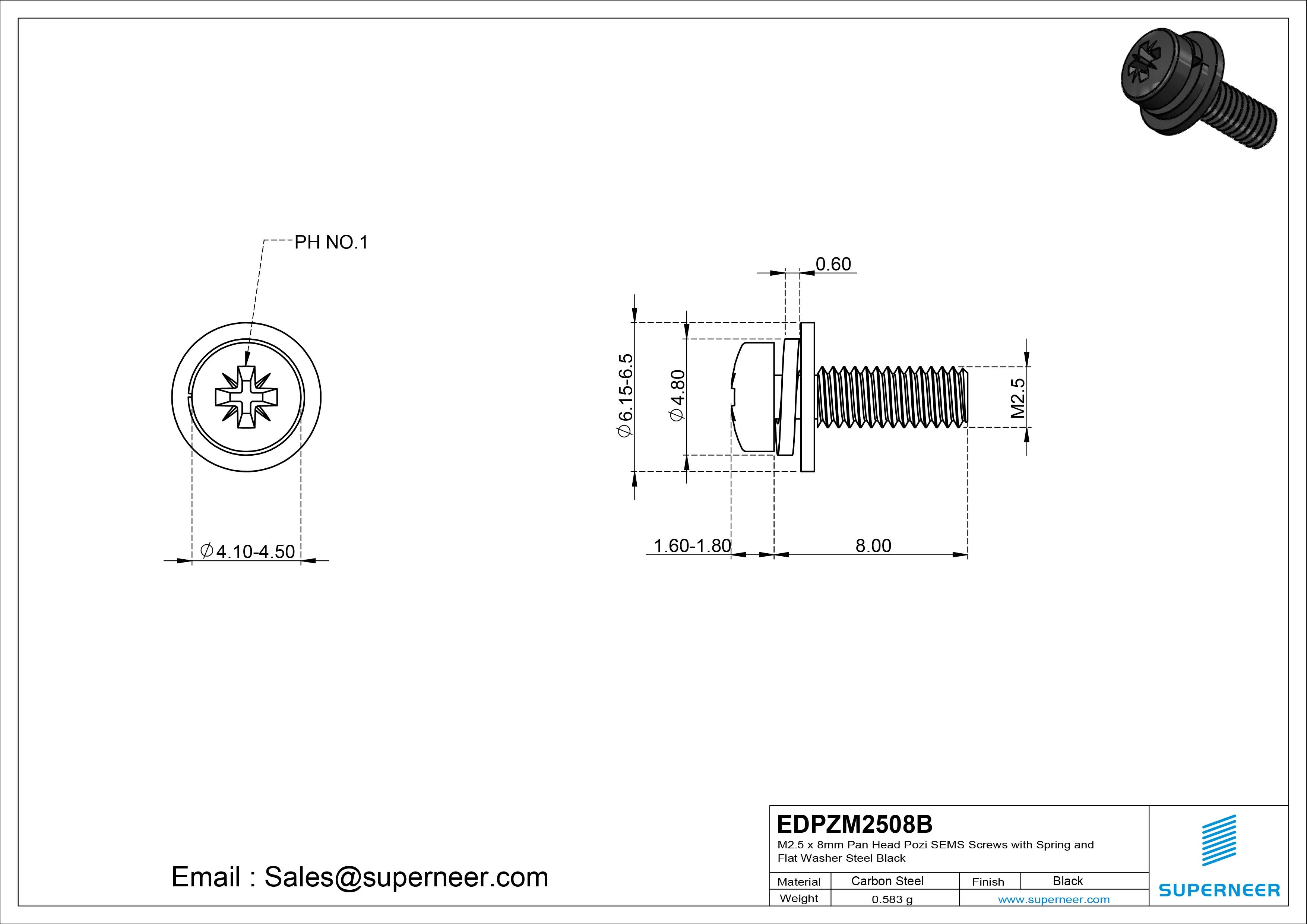 M2.5 x 8mm Pan Head Pozi SEMS Screws with Spring and Flat Washer Steel Black