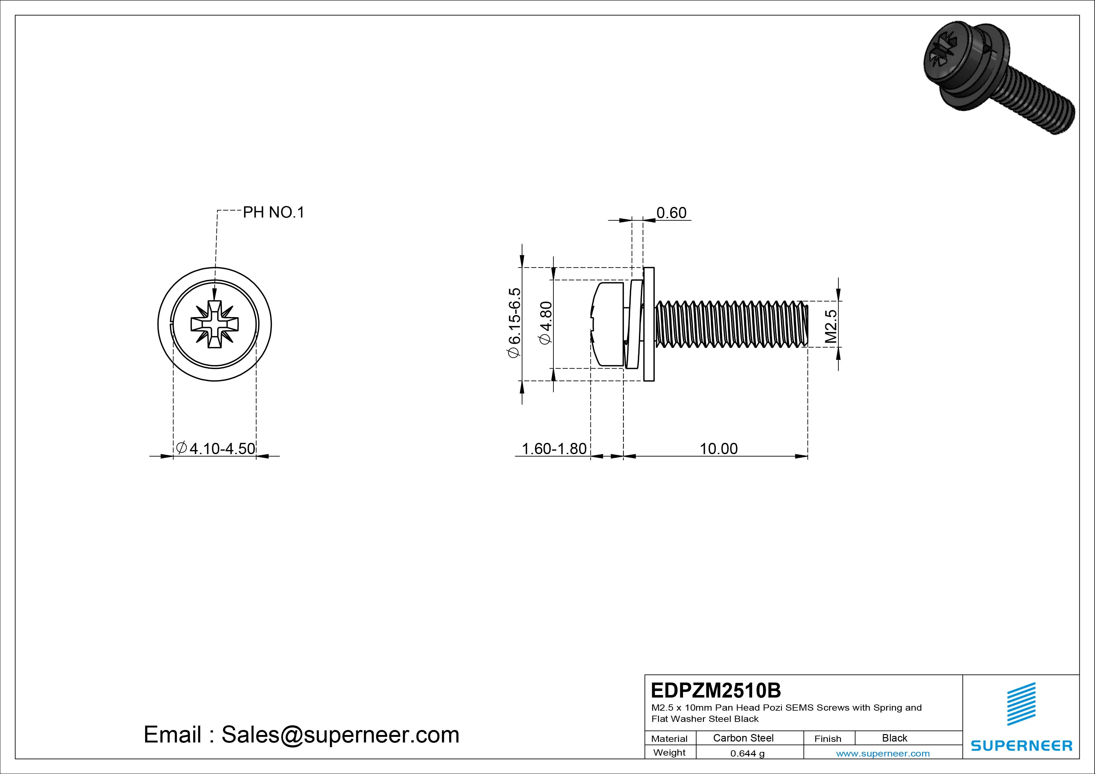 M2.5 x 10mm Pan Head Pozi SEMS Screws with Spring and Flat Washer Steel Black