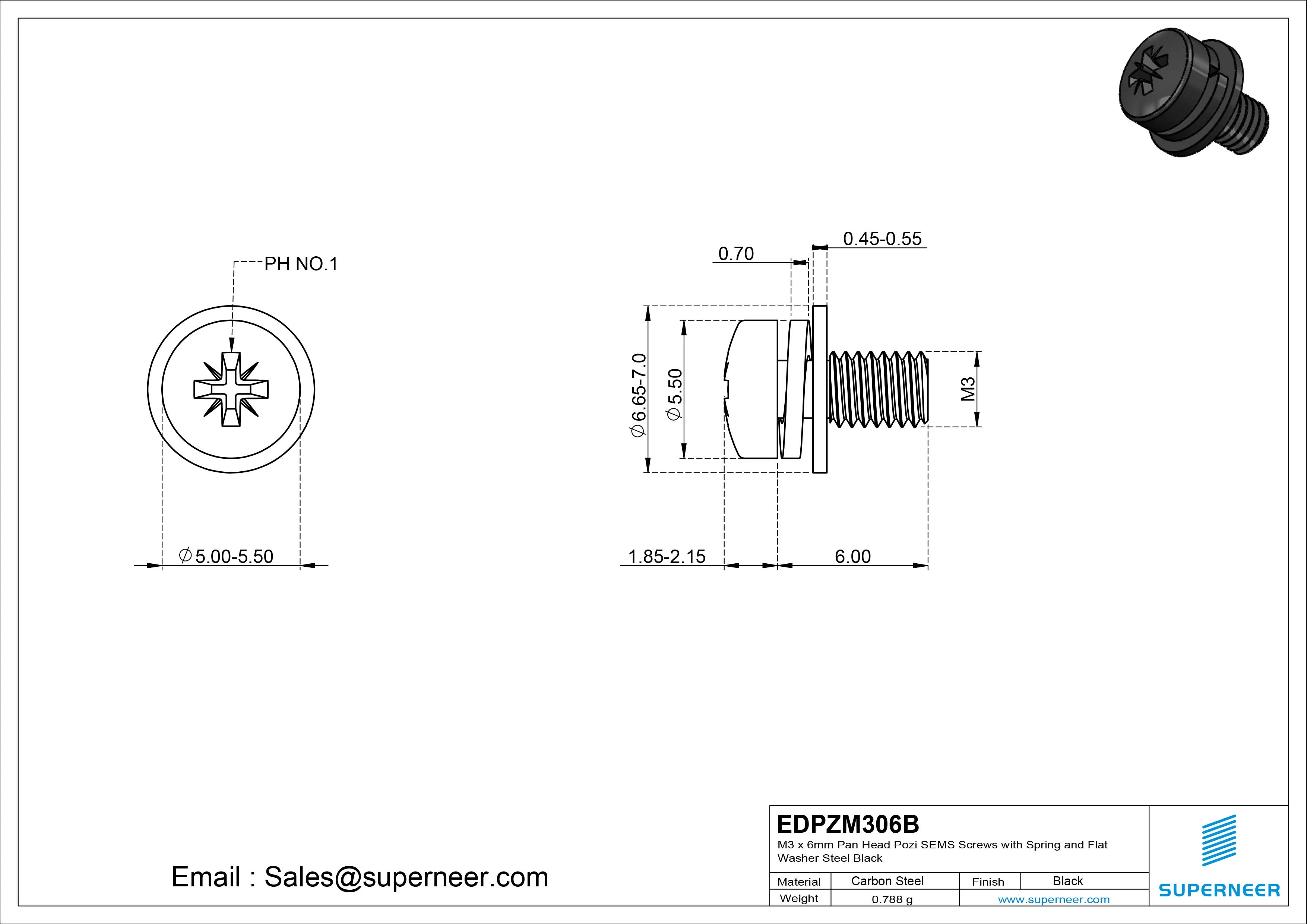 M3 x 6mm Pan Head Pozi SEMS Screws with Spring and Flat Washer Steel Black