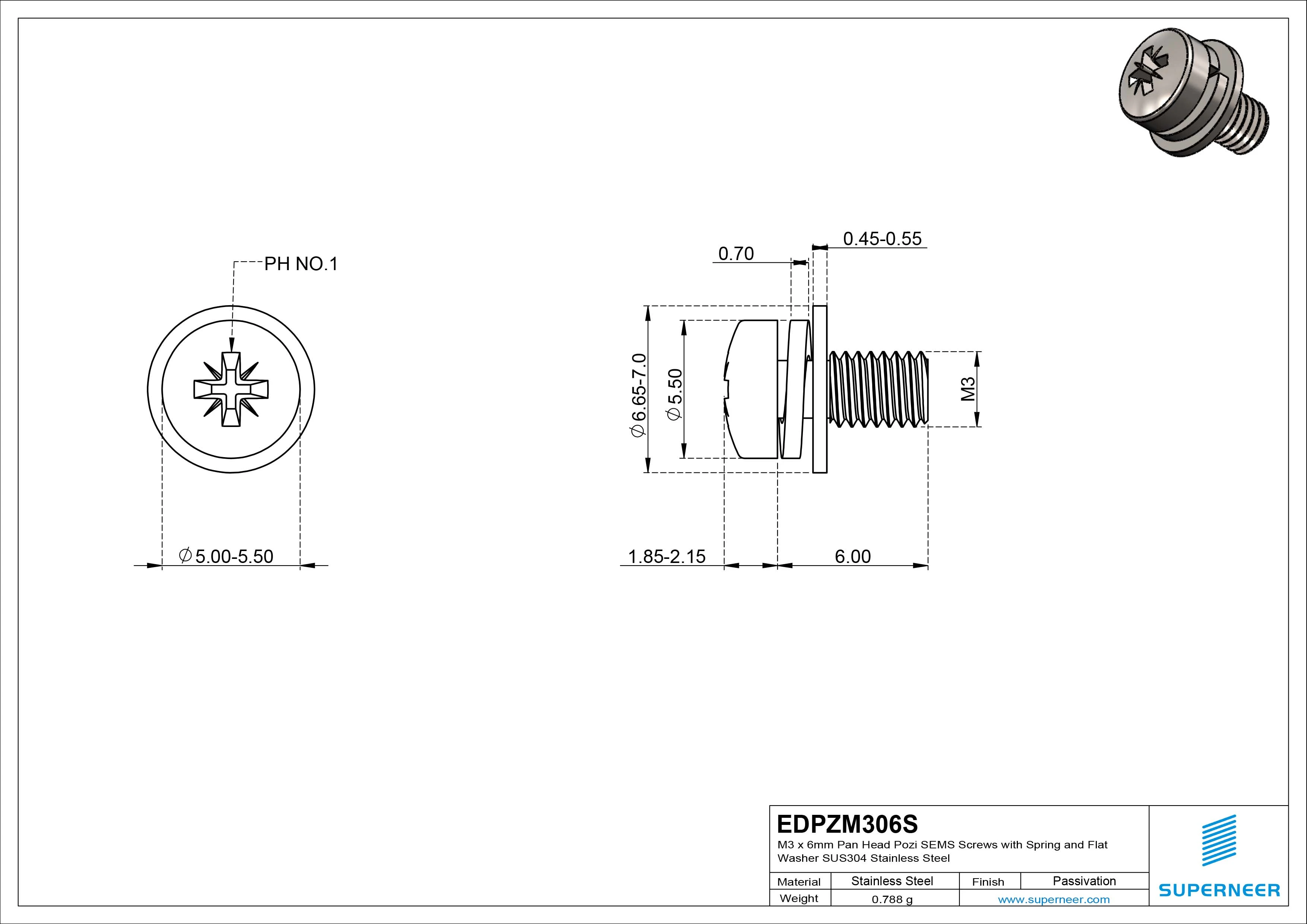 M3 x 6mm Pan Head Pozi SEMS Screws with Spring and Flat Washer SUS304 Stainless Steel Inox
