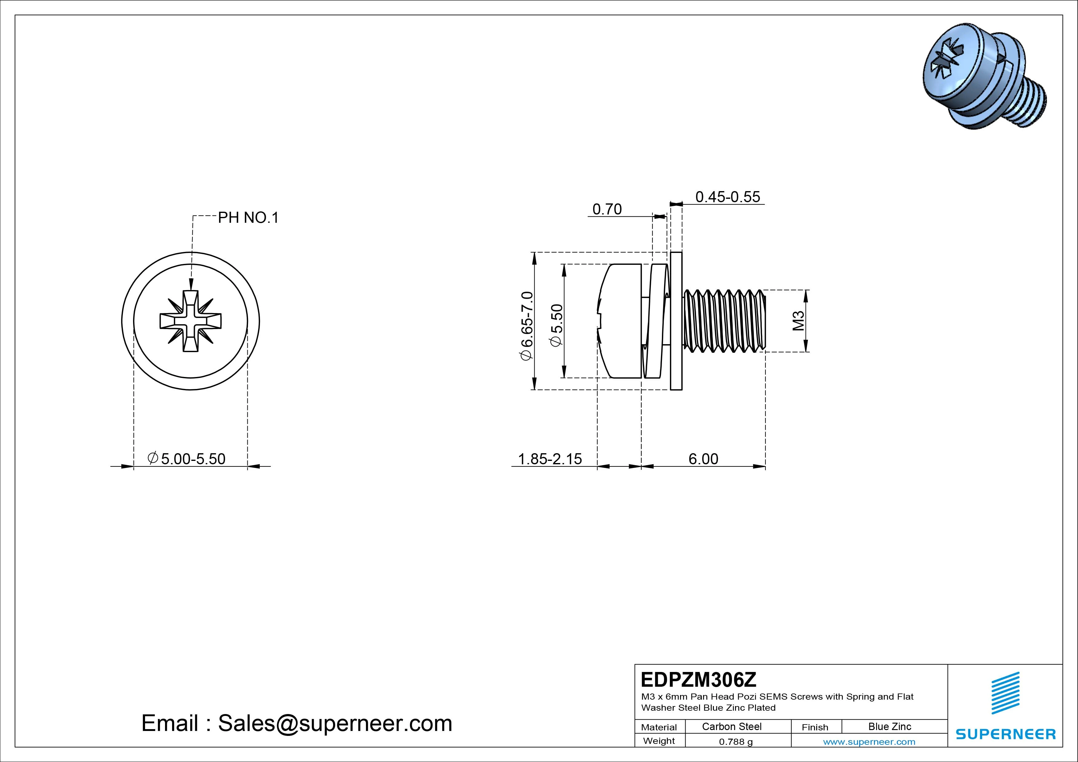 M3 x 6mm Pan Head Pozi SEMS Screws with Spring and Flat Washer Steel Blue Zinc Plated