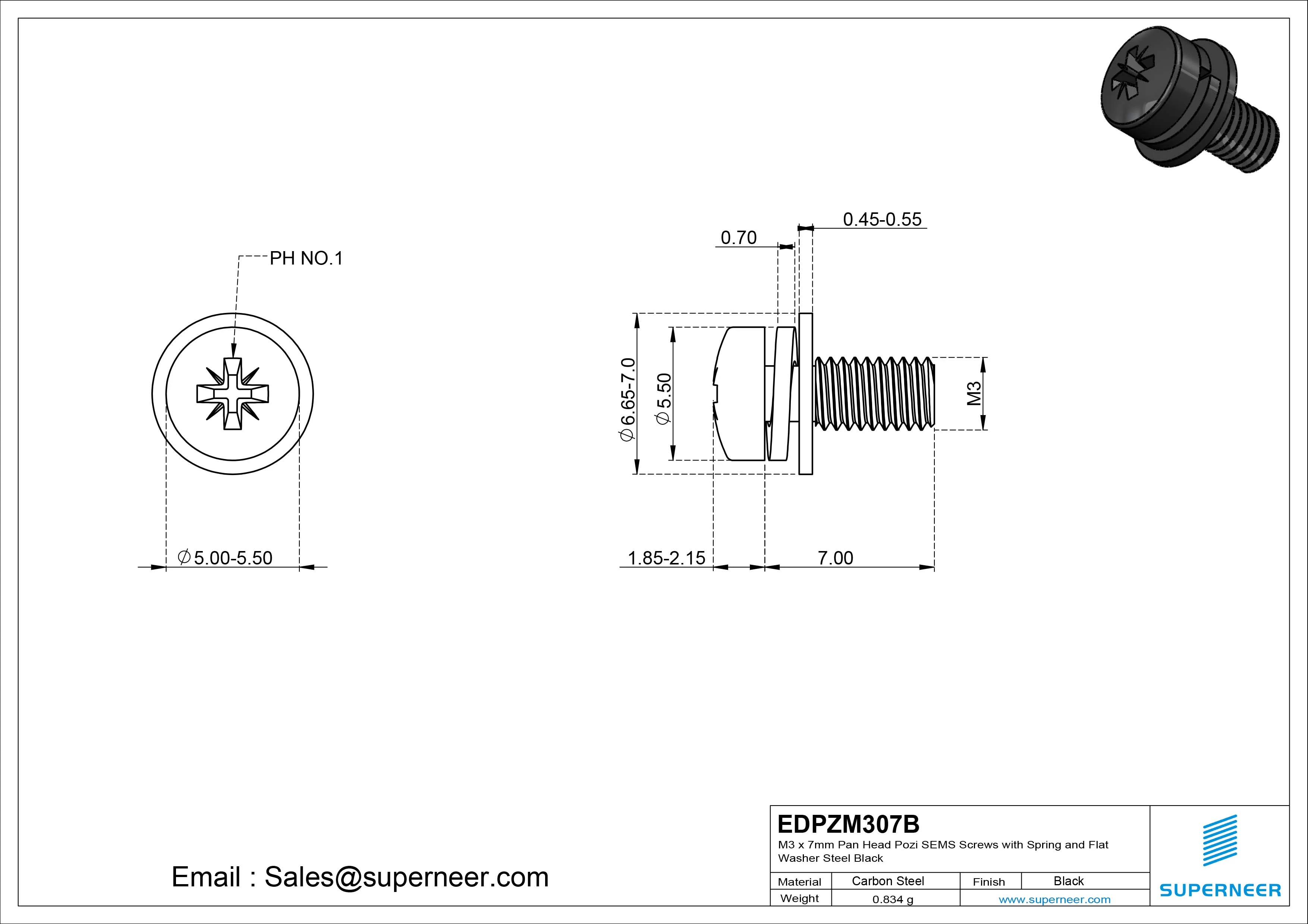 M3 x 7mm Pan Head Pozi SEMS Screws with Spring and Flat Washer Steel Black