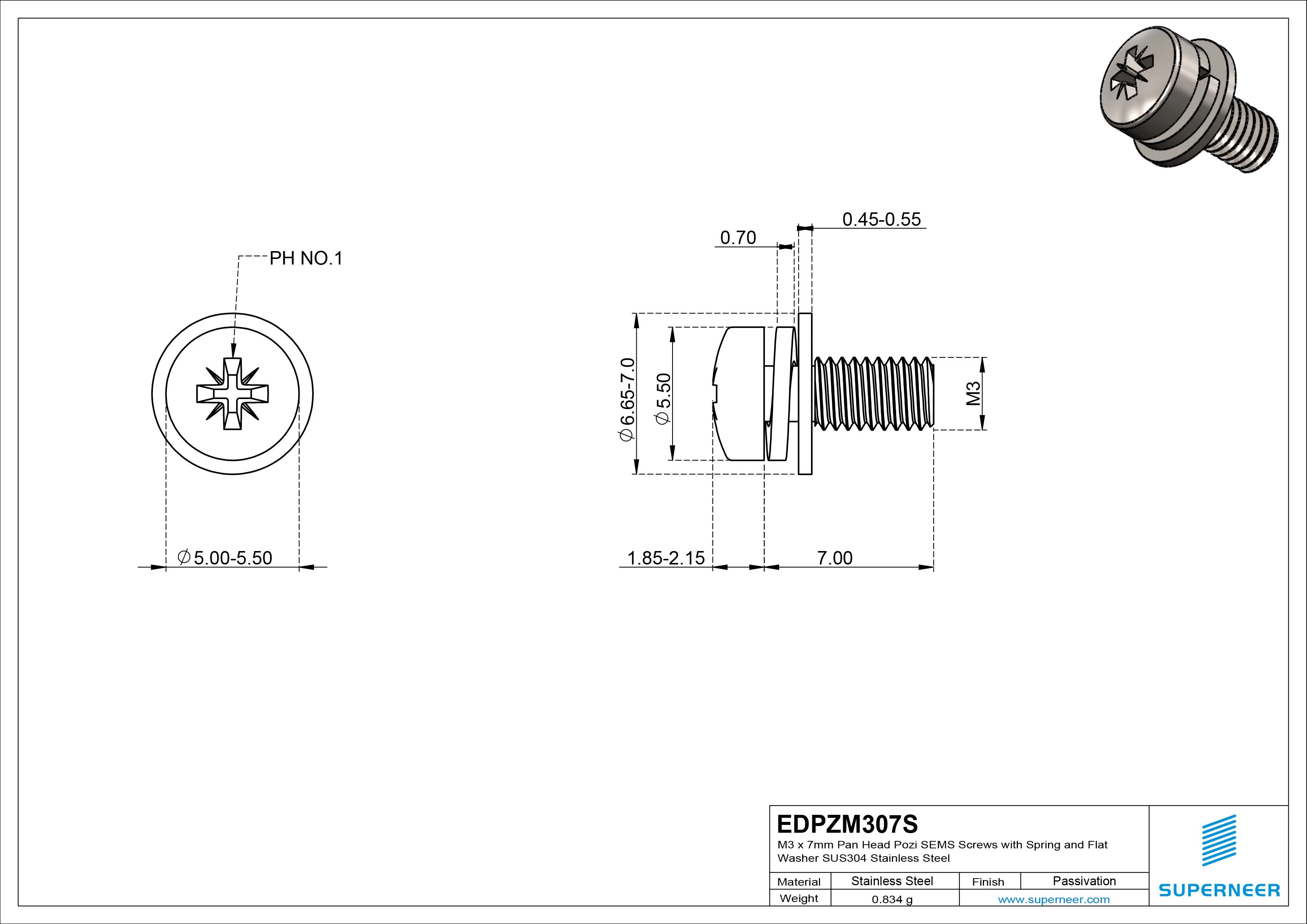 M3 x 7mm Pan Head Pozi SEMS Screws with Spring and Flat Washer SUS304 Stainless Steel Inox