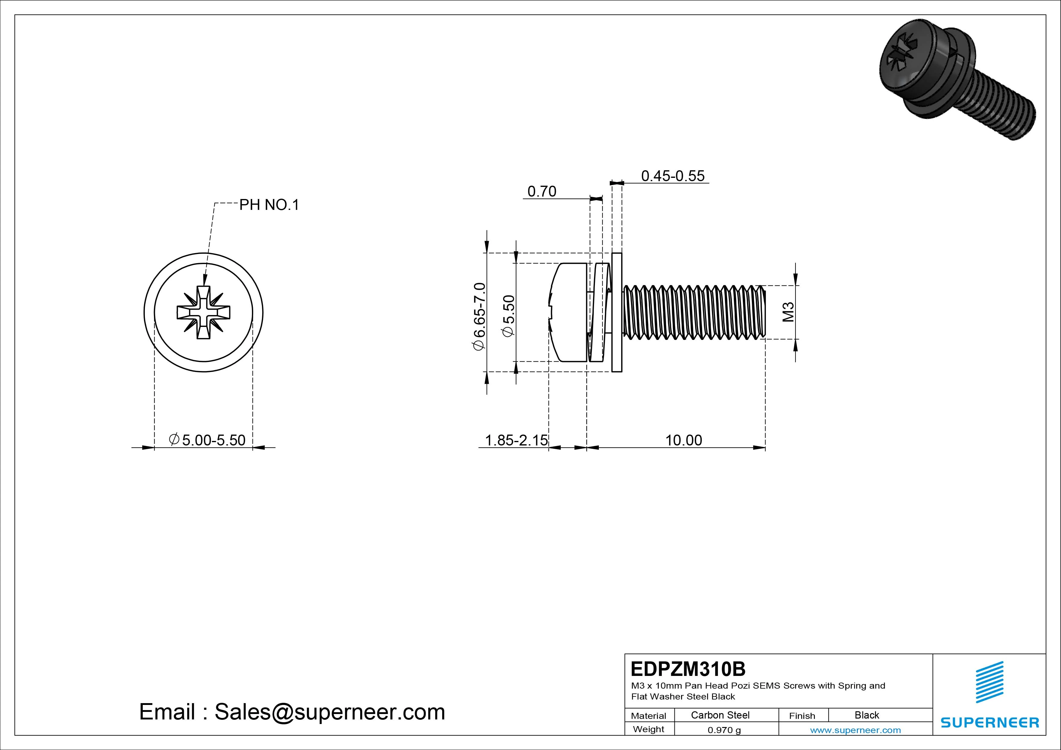 M3 x 10mm Pan Head Pozi SEMS Screws with Spring and Flat Washer Steel Black