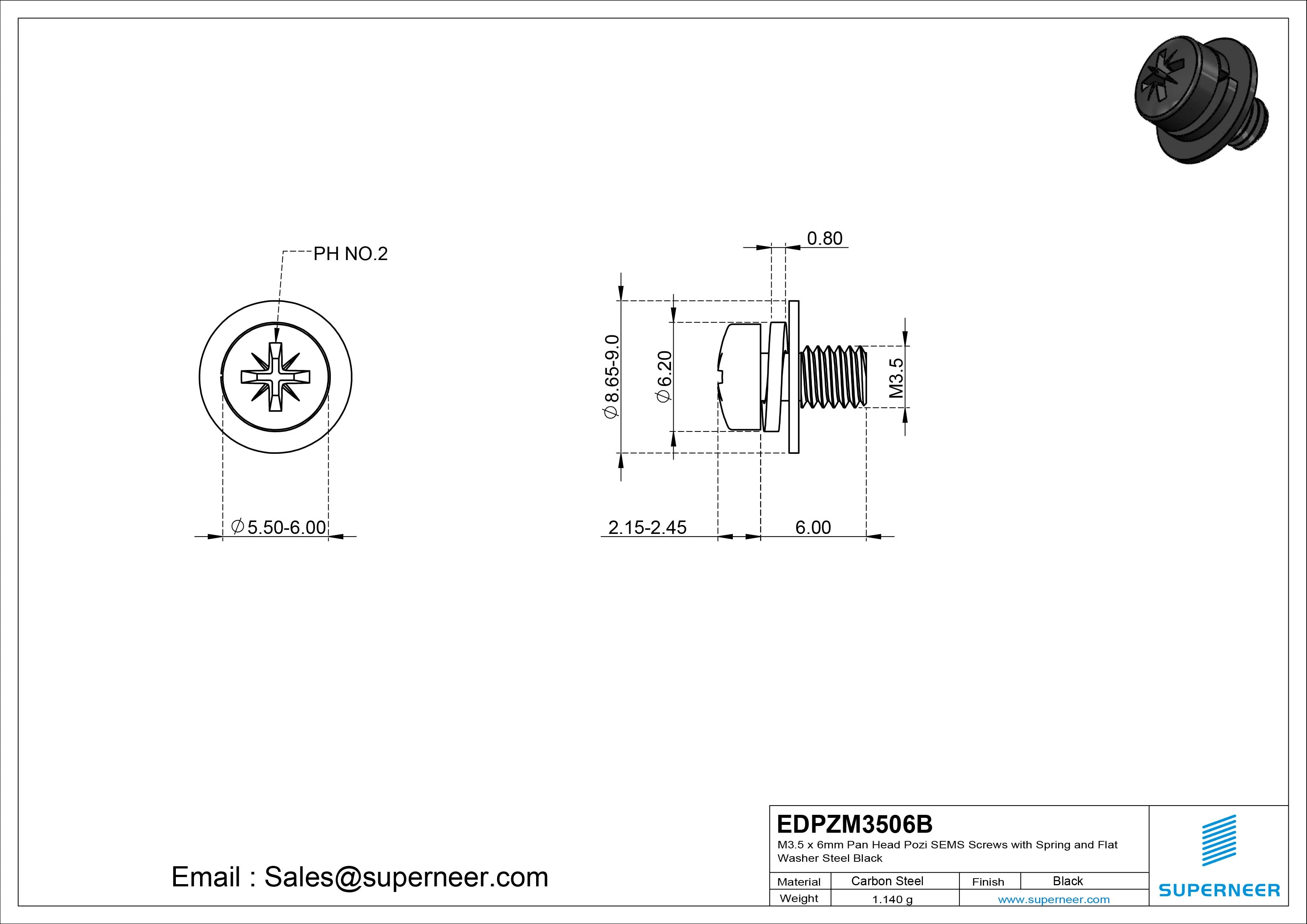 M3.5 x 6mm Pan Head Pozi SEMS Screws with Spring and Flat Washer Steel Black