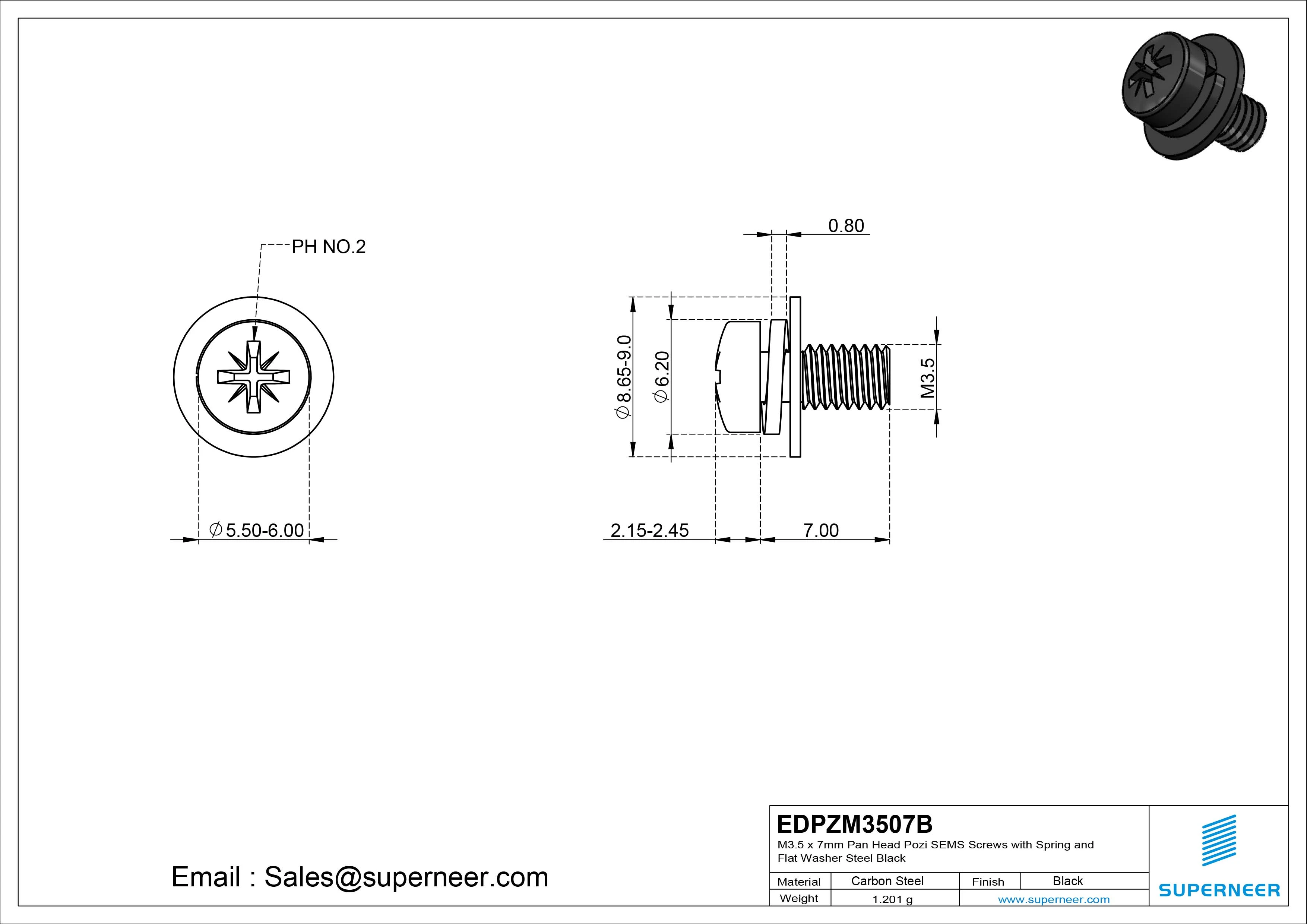 M3.5 x 7mm Pan Head Pozi SEMS Screws with Spring and Flat Washer Steel Black