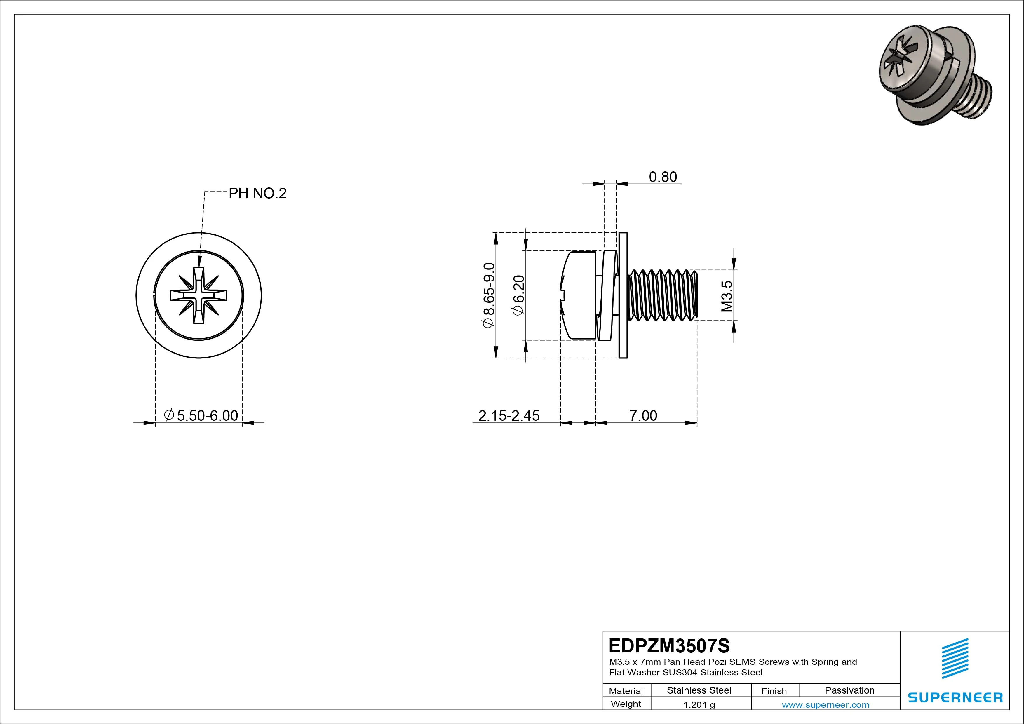 M3.5 x 7mm Pan Head Pozi SEMS Screws with Spring and Flat Washer SUS304 Stainless Steel Inox