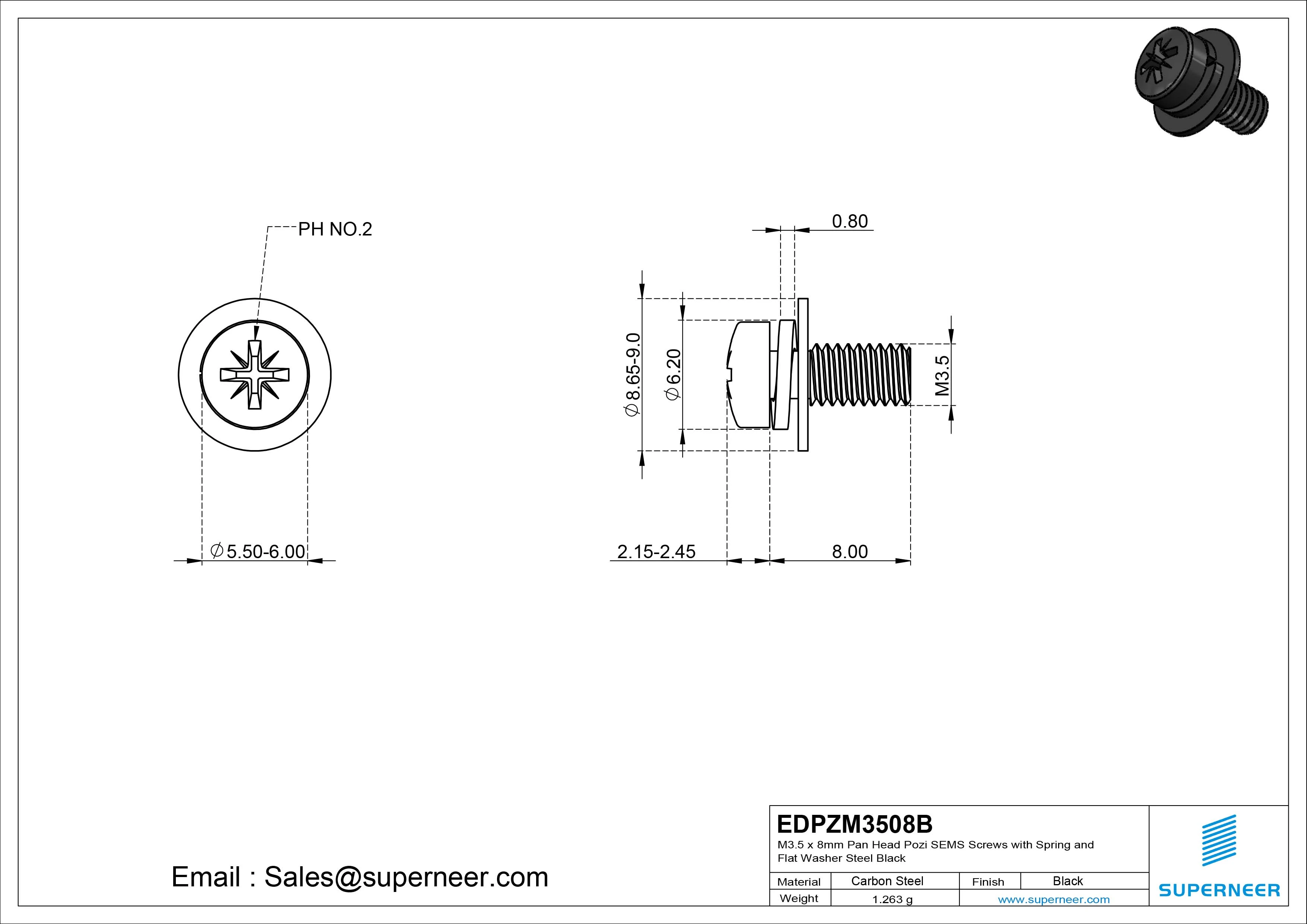 M3.5 x 8mm Pan Head Pozi SEMS Screws with Spring and Flat Washer Steel Black