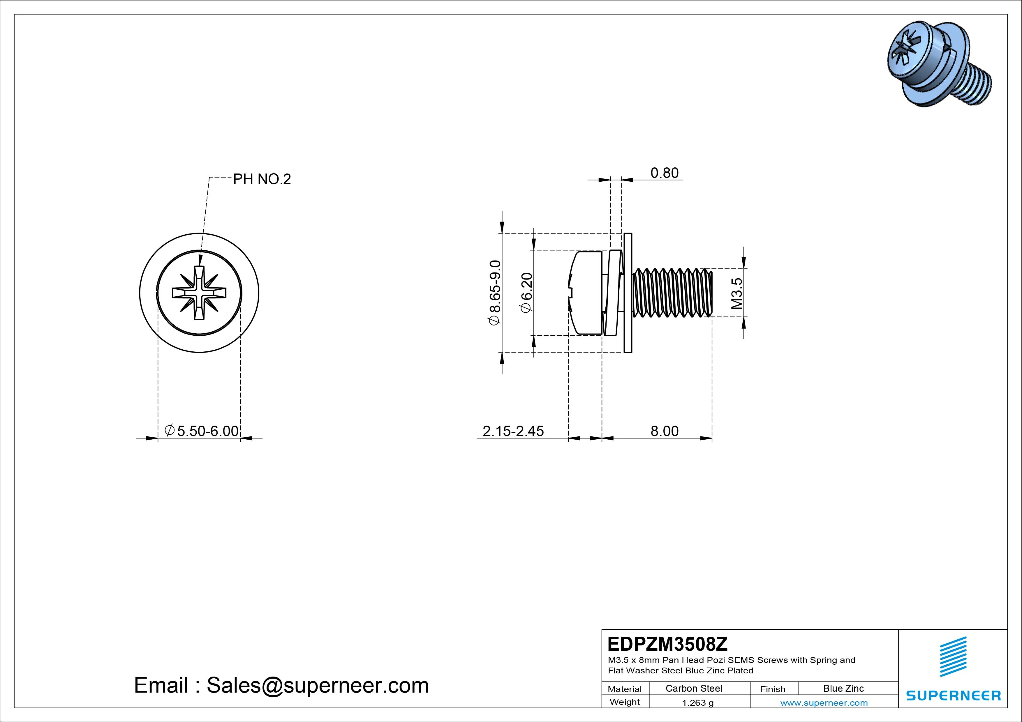 M3.5 x 8mm Pan Head Pozi SEMS Screws with Spring and Flat Washer Steel Blue Zinc Plated