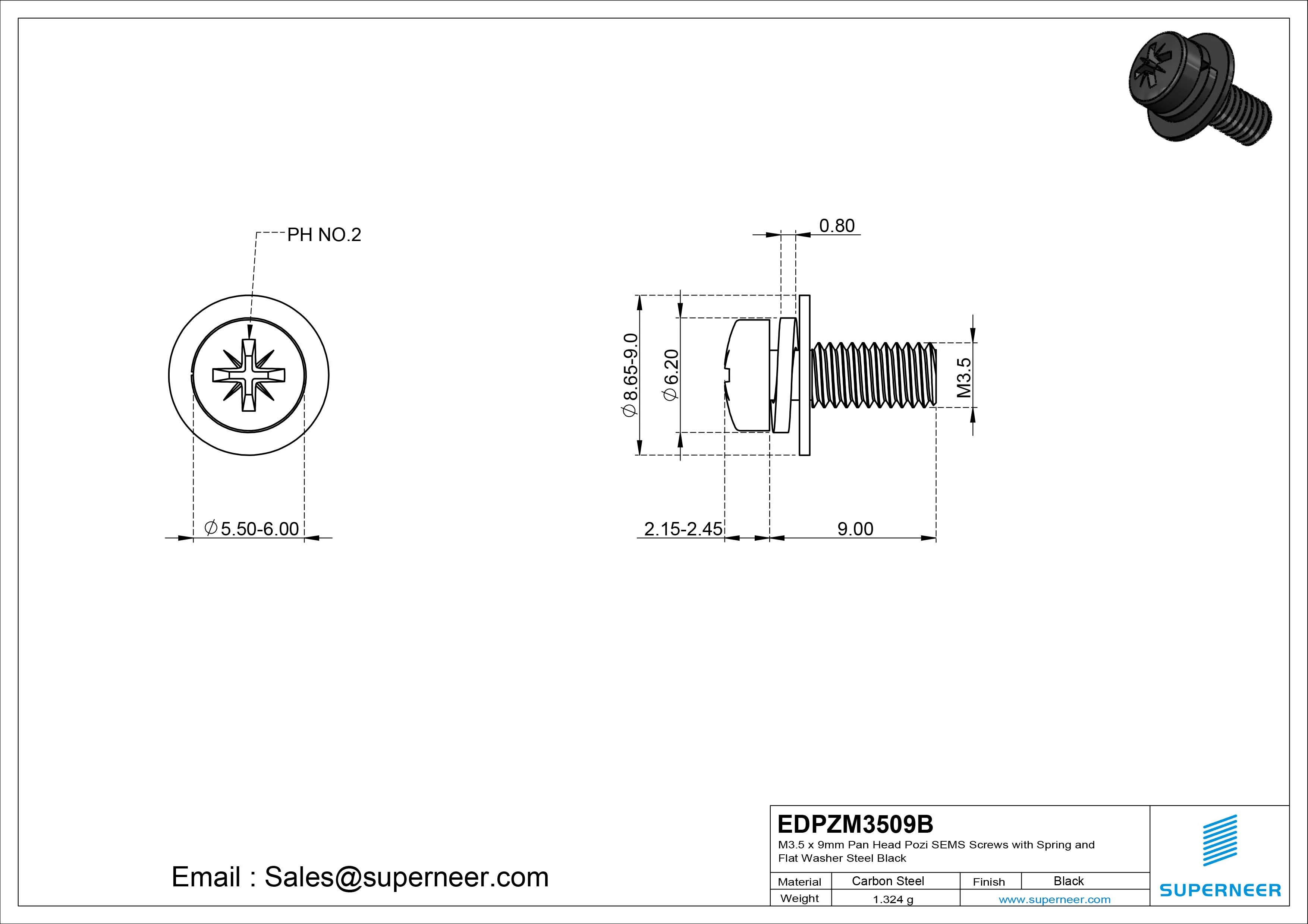 M3.5 x 9mm Pan Head Pozi SEMS Screws with Spring and Flat Washer Steel Black