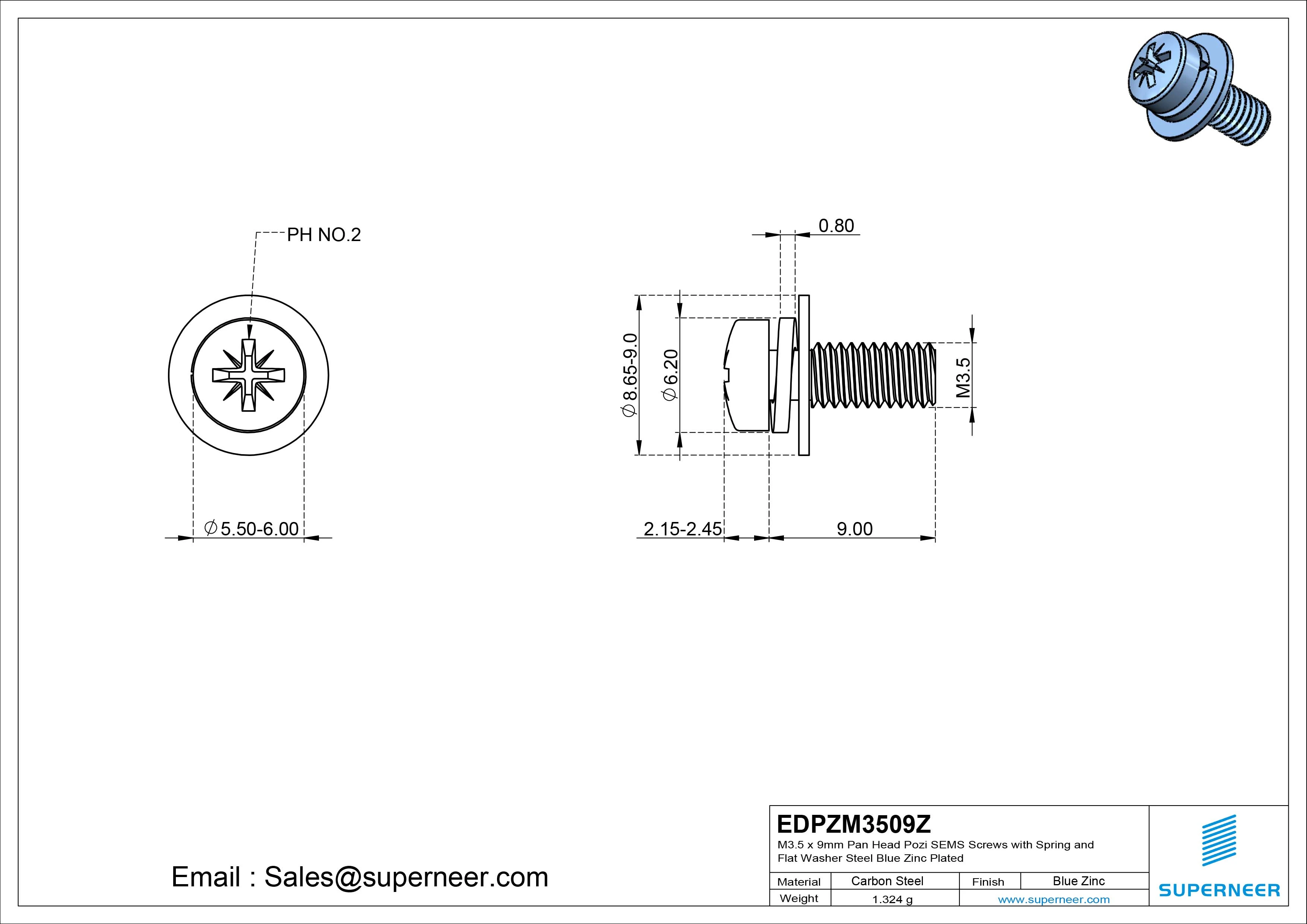 M3.5 x 9mm Pan Head Pozi SEMS Screws with Spring and Flat Washer Steel Blue Zinc Plated