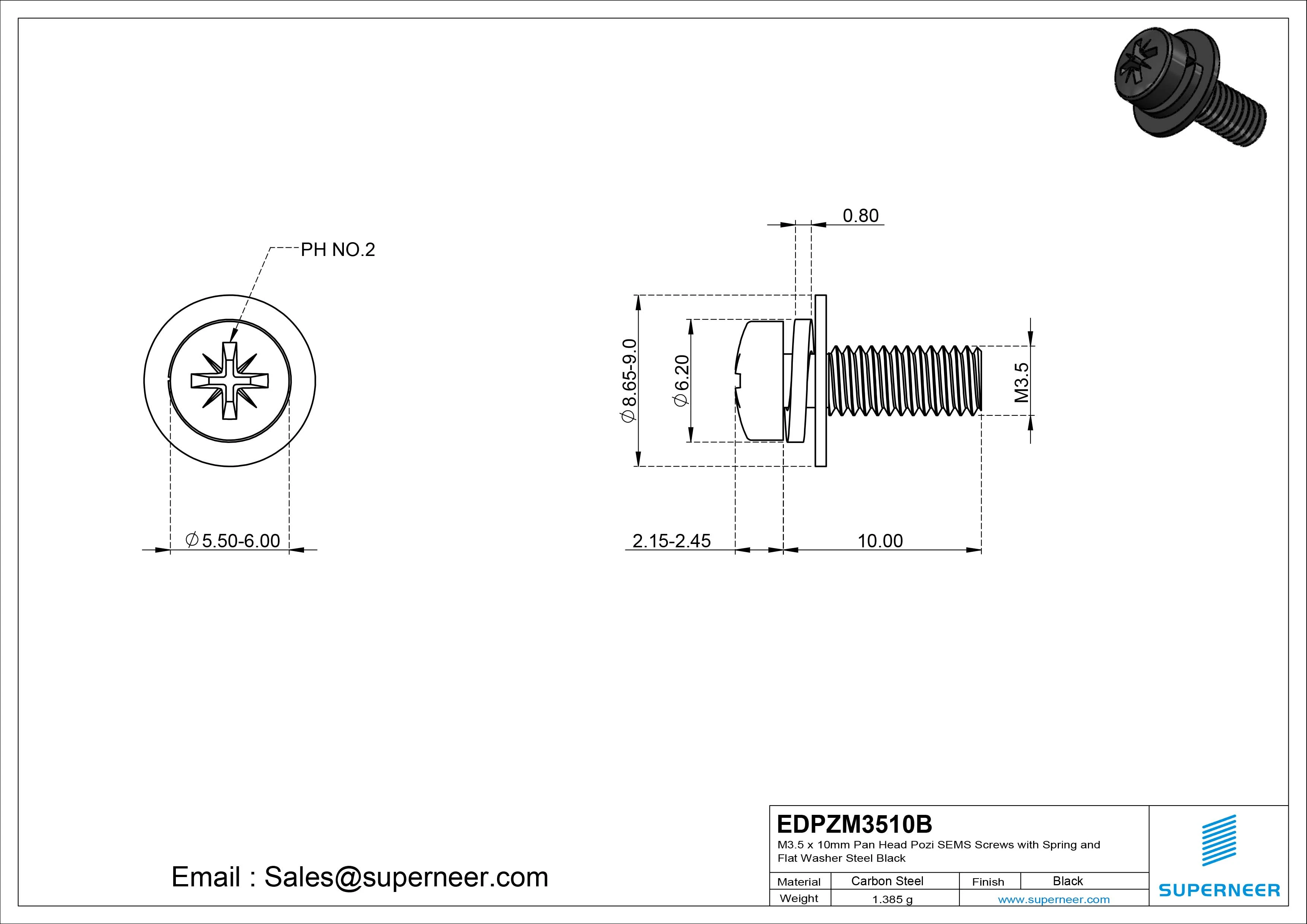 M3.5 x 10mm Pan Head Pozi SEMS Screws with Spring and Flat Washer Steel Black