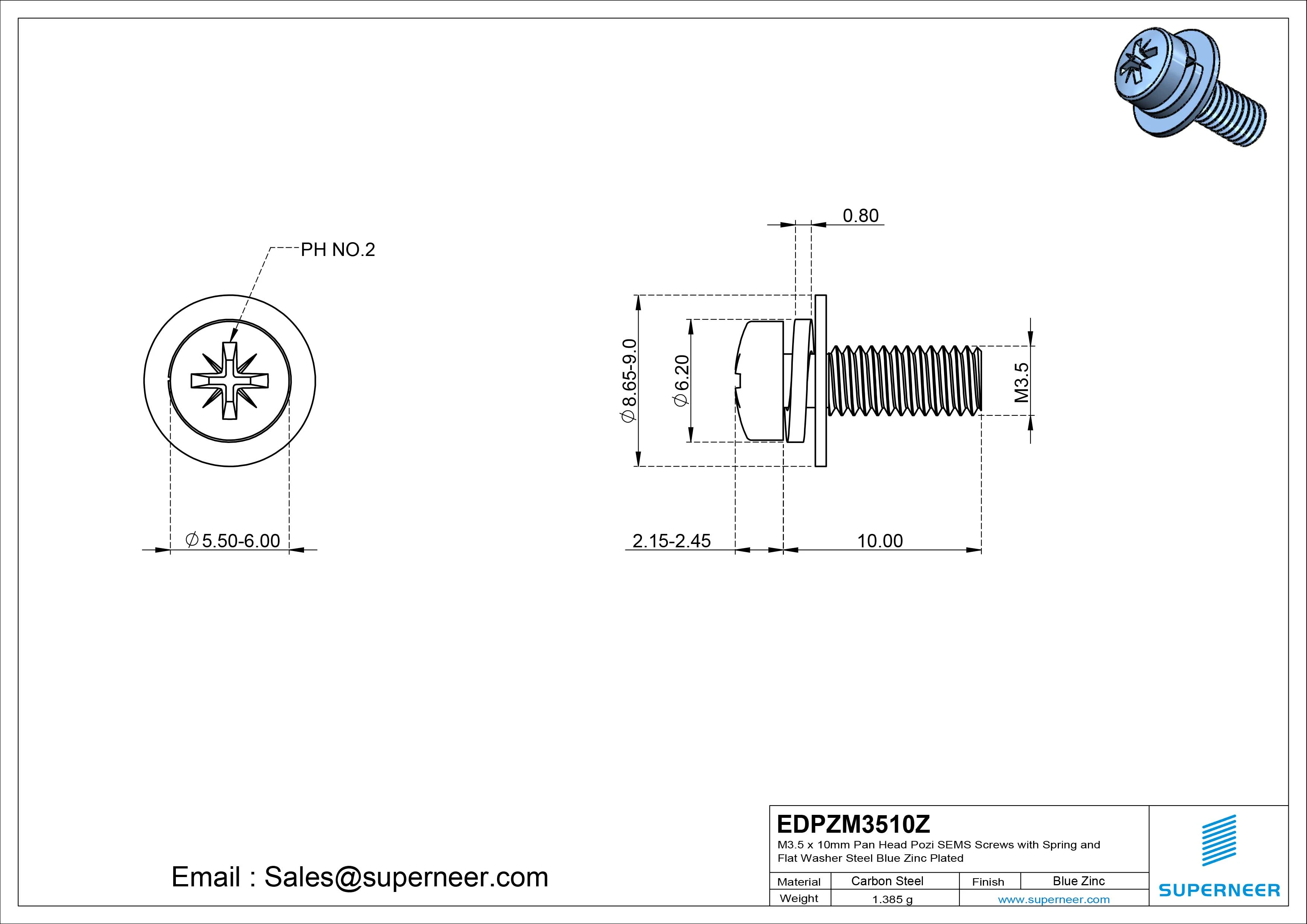 M3.5 x 10mm Pan Head Pozi SEMS Screws with Spring and Flat Washer Steel Blue Zinc Plated