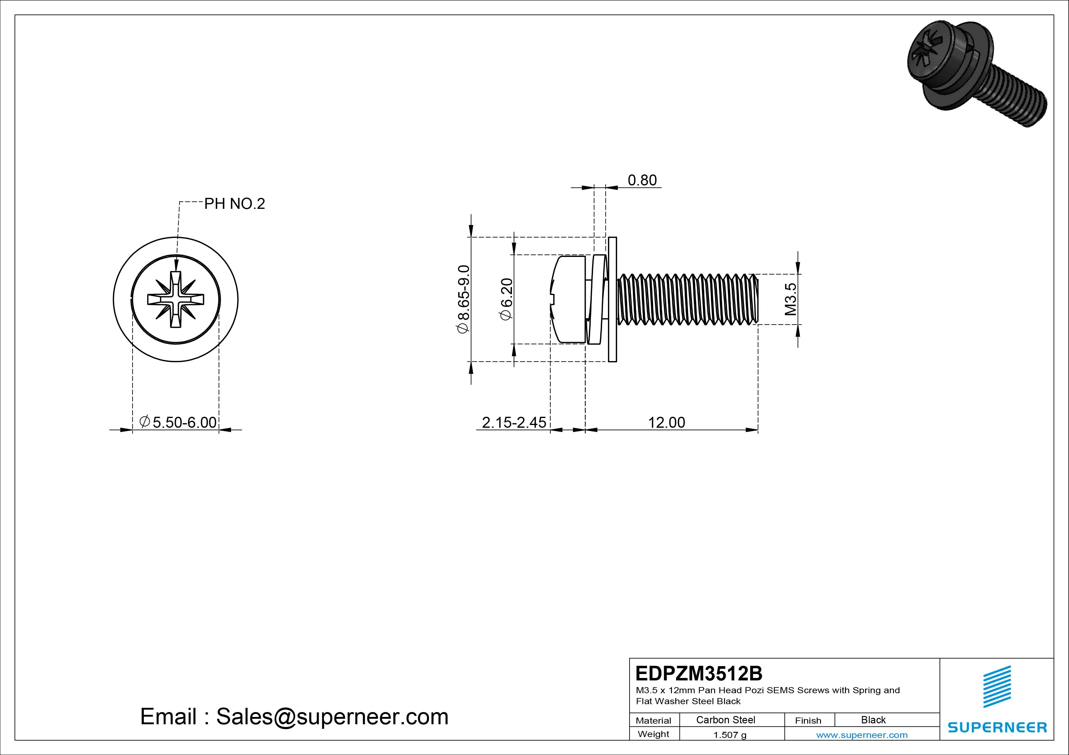 M3.5 x 12mm Pan Head Pozi SEMS Screws with Spring and Flat Washer Steel Black