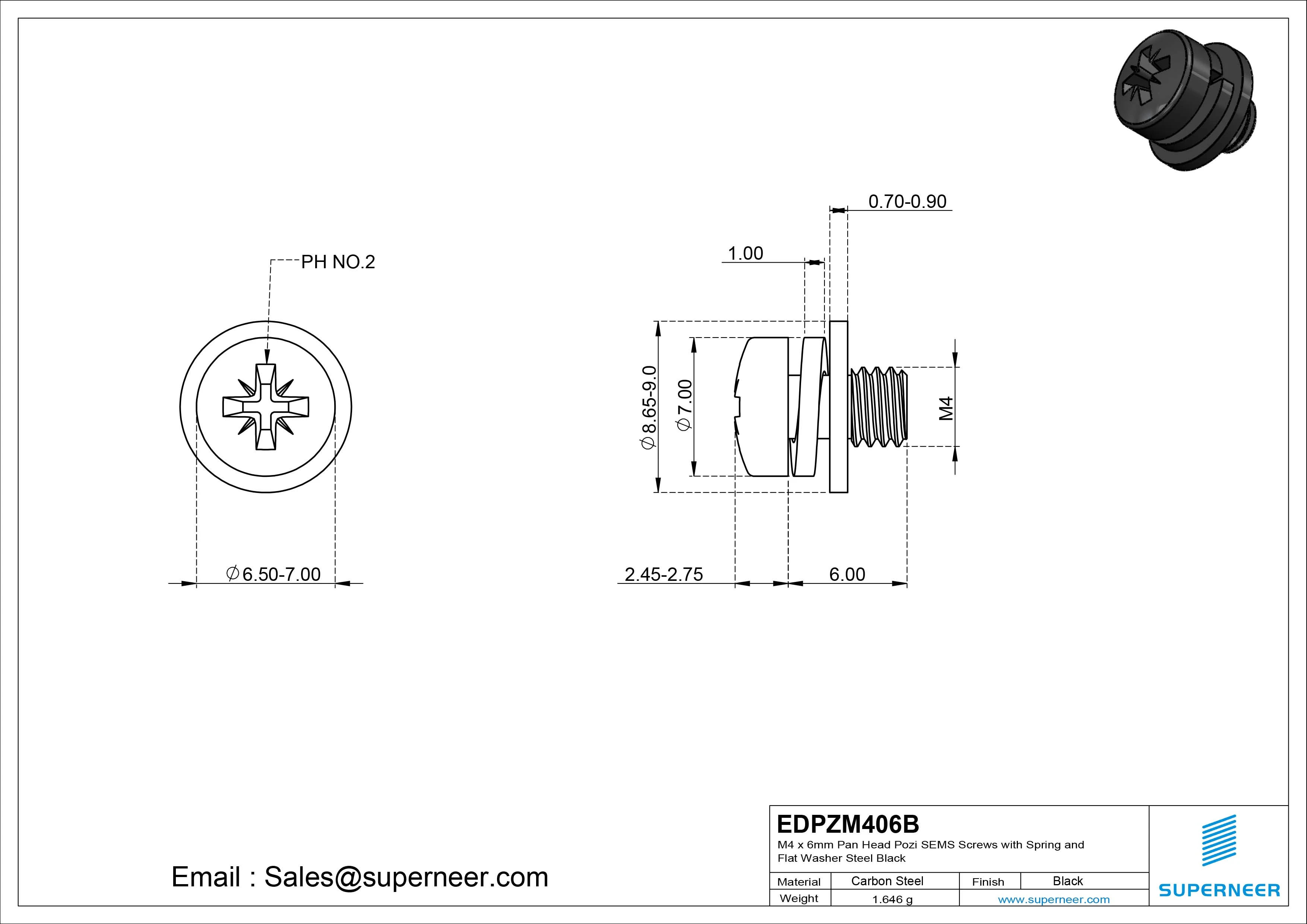 M4 x 6mm Pan Head Pozi SEMS Screws with Spring and Flat Washer Steel Black