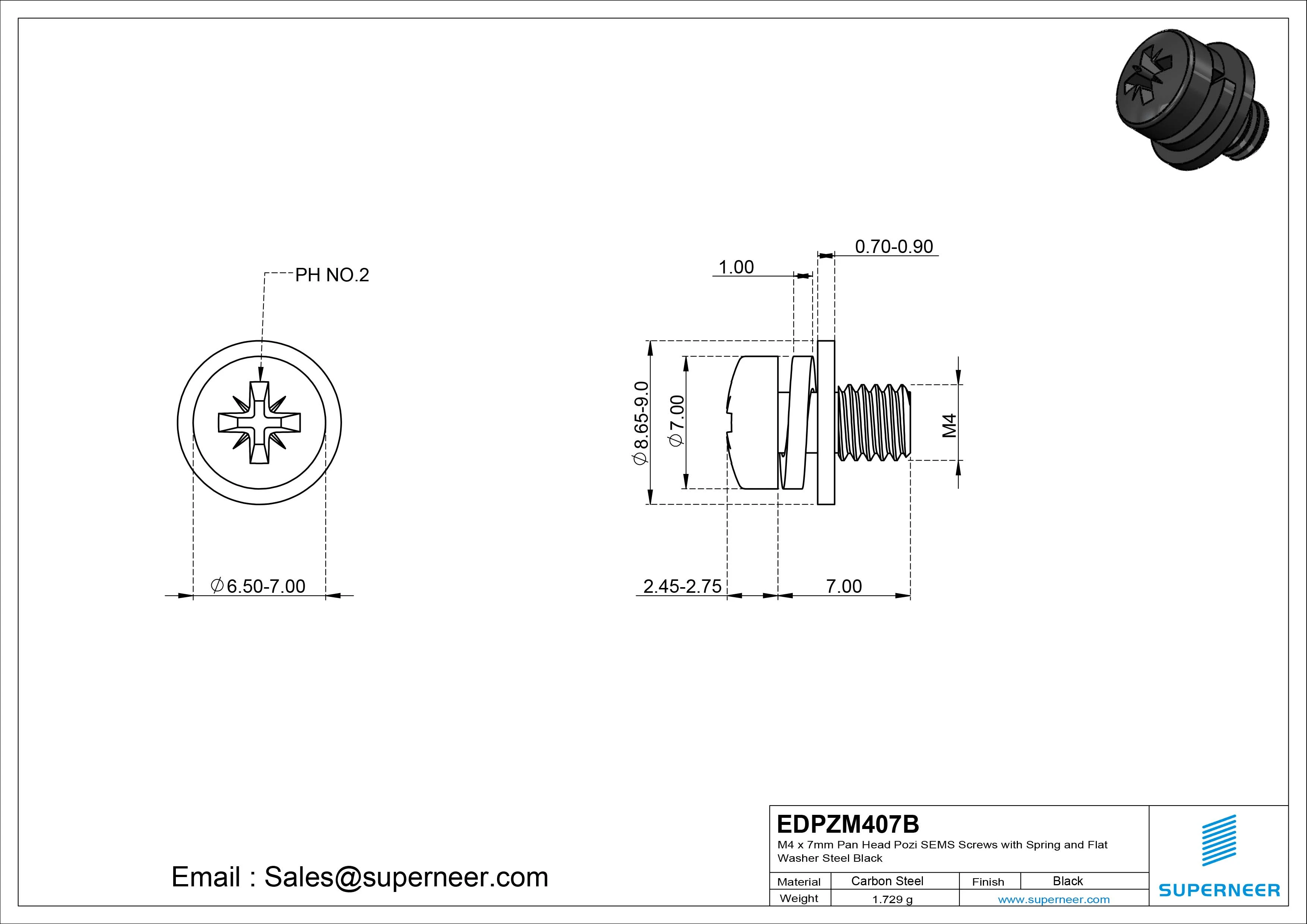 M4 x 7mm Pan Head Pozi SEMS Screws with Spring and Flat Washer Steel Black