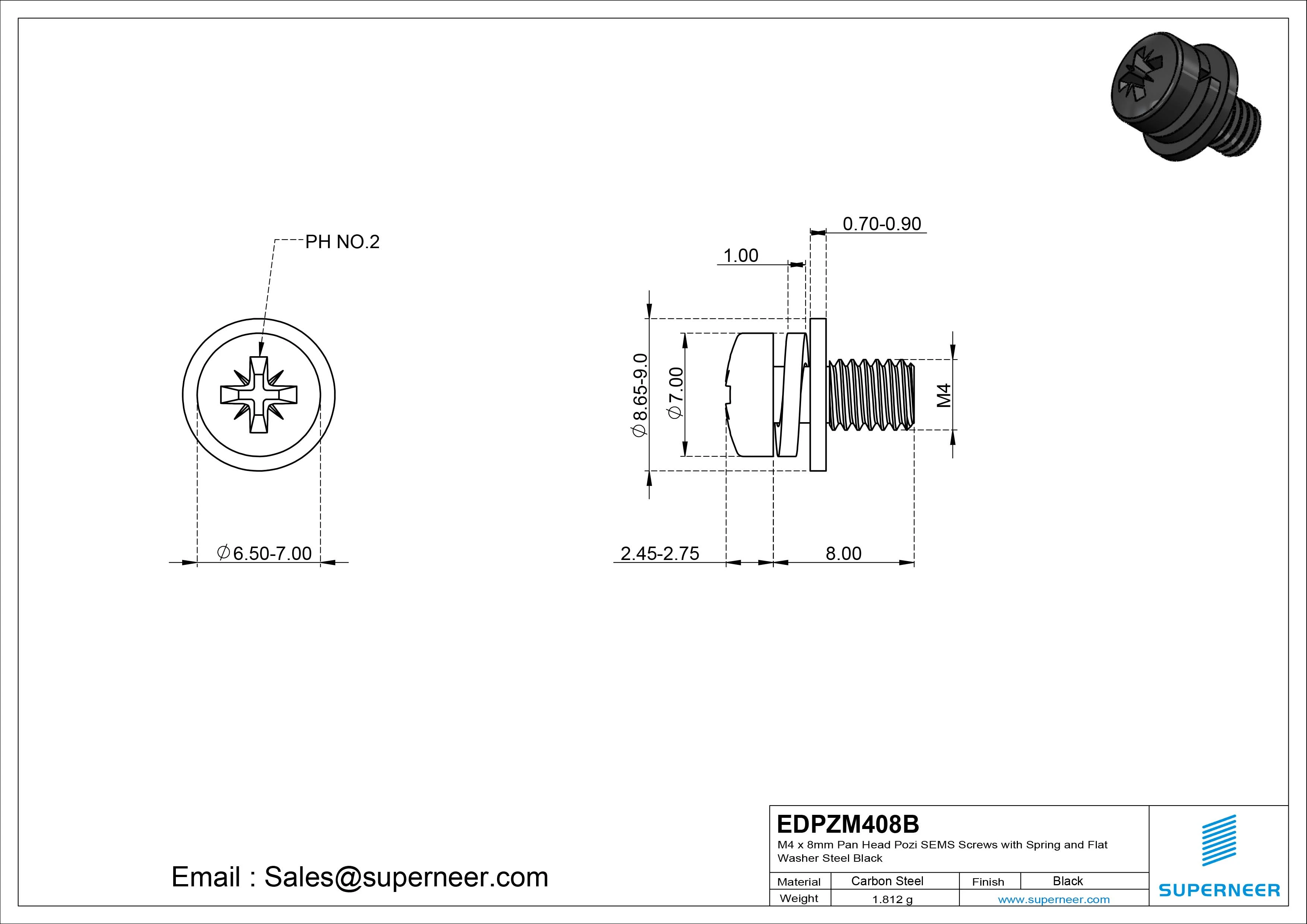 M4 x 8mm Pan Head Pozi SEMS Screws with Spring and Flat Washer Steel Black