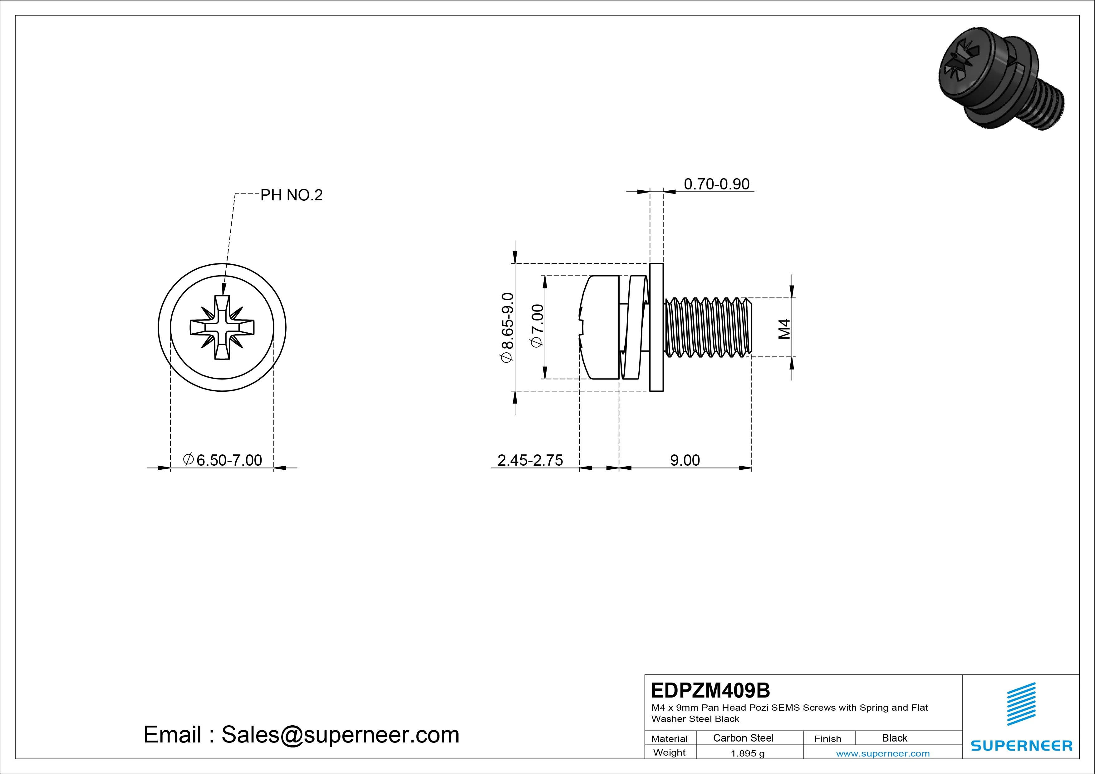 M4 x 9mm Pan Head Pozi SEMS Screws with Spring and Flat Washer Steel Black