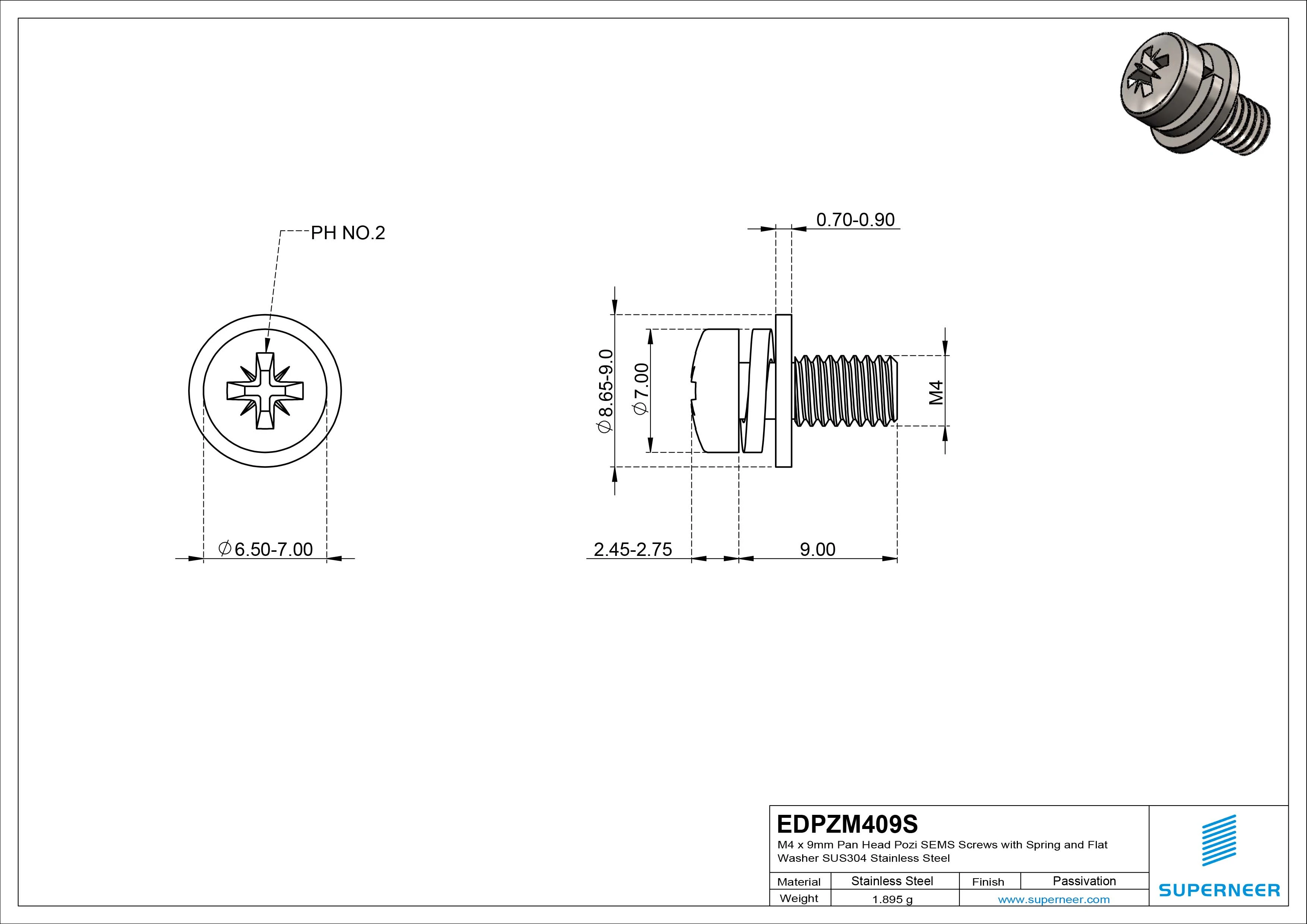 M4 x 9mm Pan Head Pozi SEMS Screws with Spring and Flat Washer SUS304 Stainless Steel Inox
