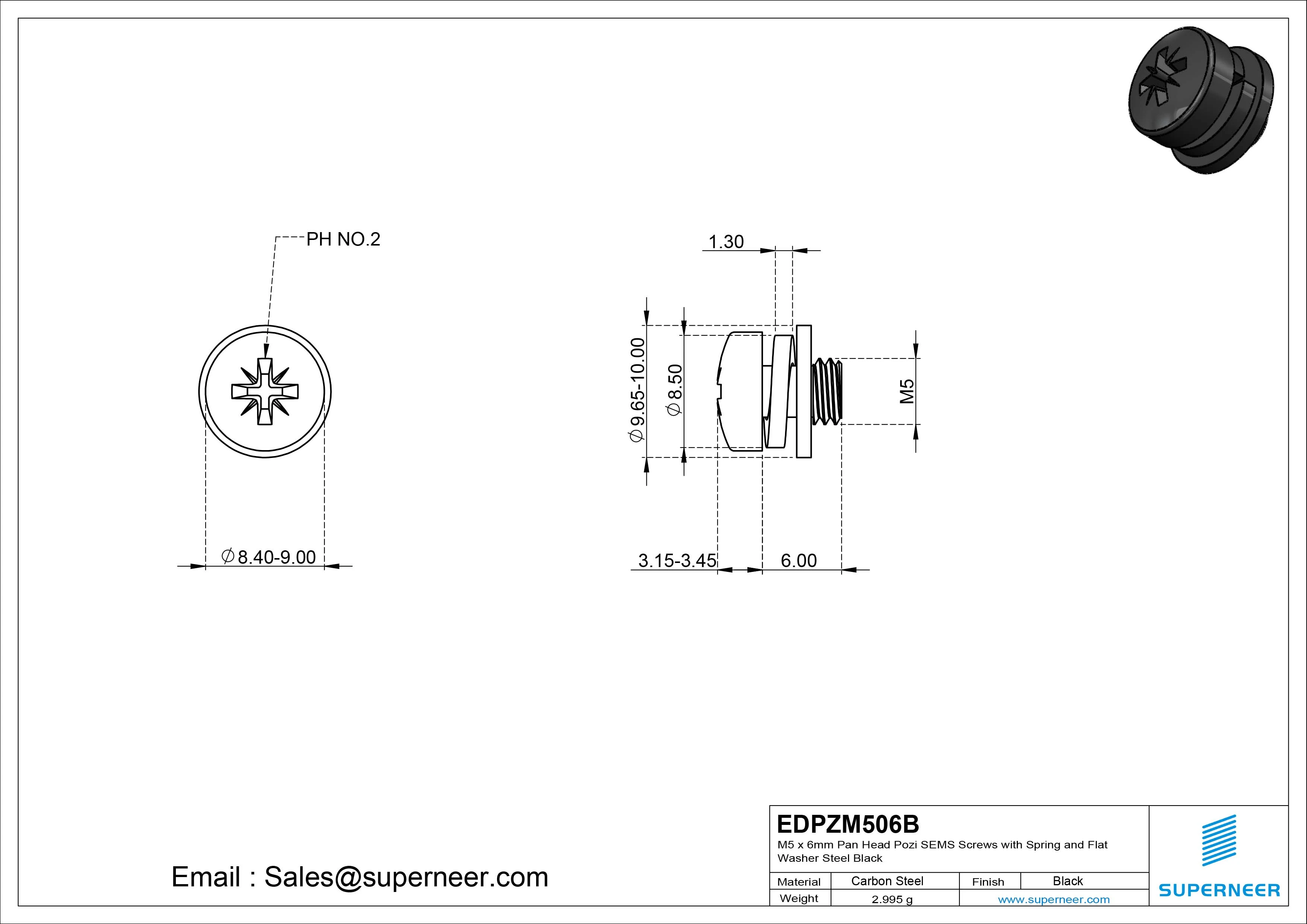 M5 x 6mm Pan Head Pozi SEMS Screws with Spring and Flat Washer Steel Black